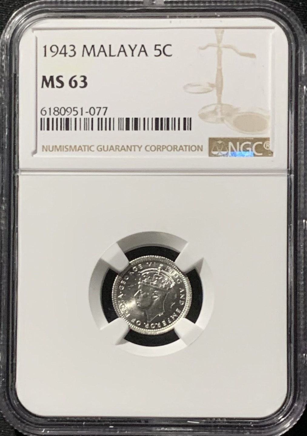 紫瑗钱币——第157期拍卖 马来亚 1943年 乔治六世 5分 银币 NGC MS63