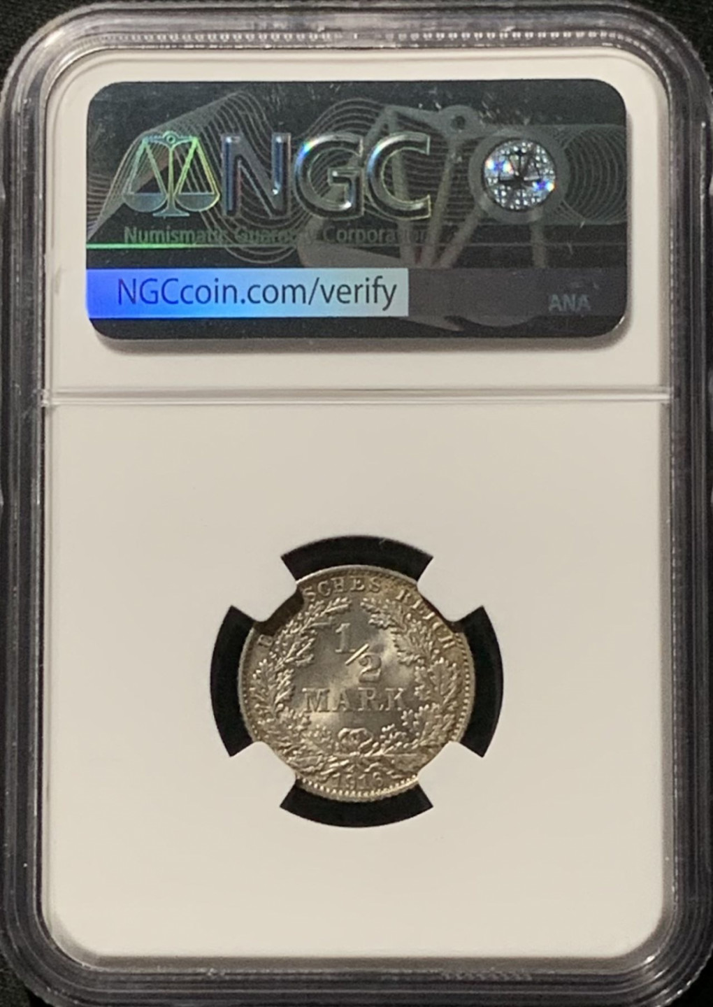 紫瑗钱币——第157期拍卖 德国 1916年 E版 第二帝国 1/2马克 银币 NGC MS64