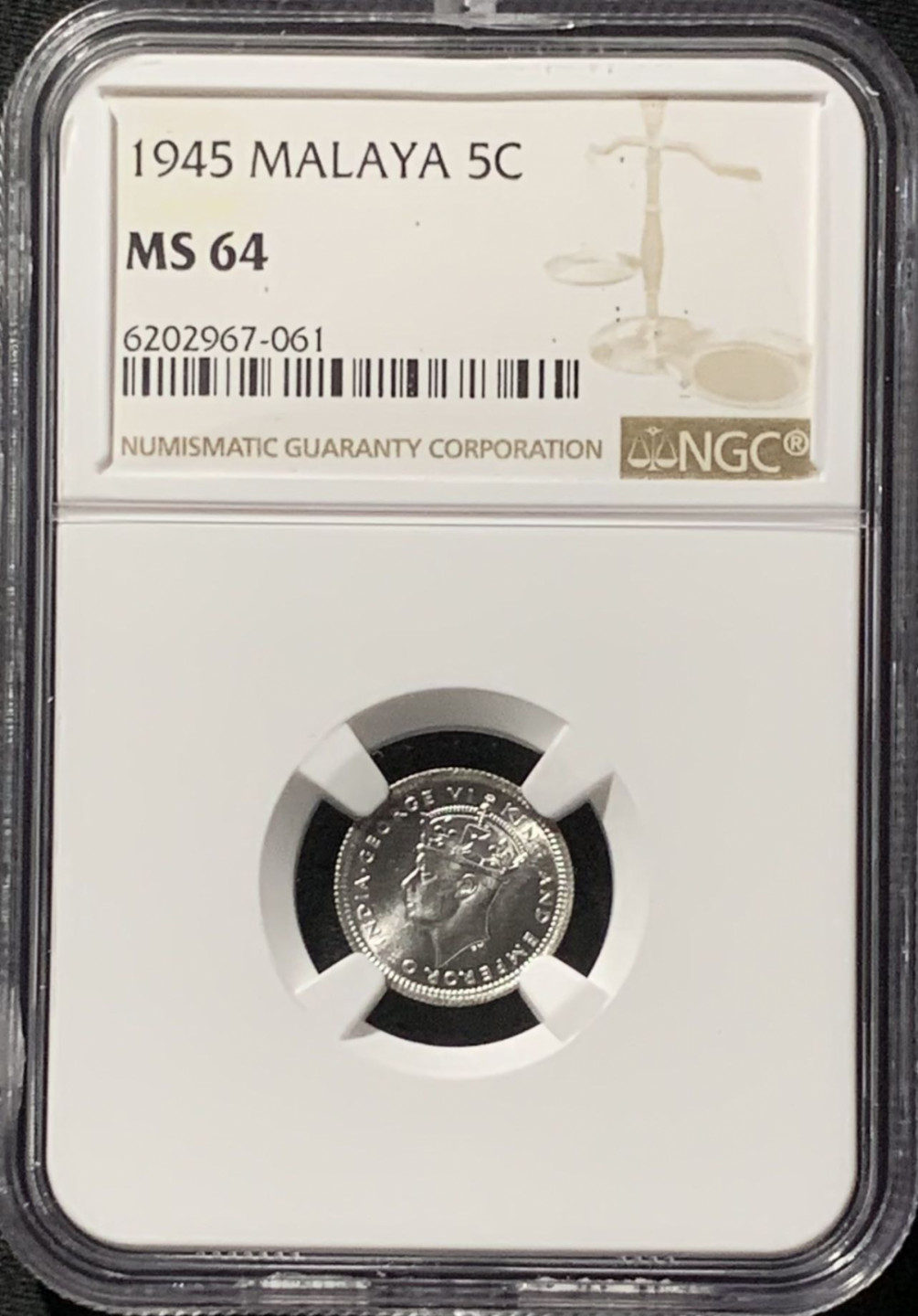 紫瑗钱币——第157期拍卖 马来亚 1945年 乔治六世 5分 银币 NGC MS64