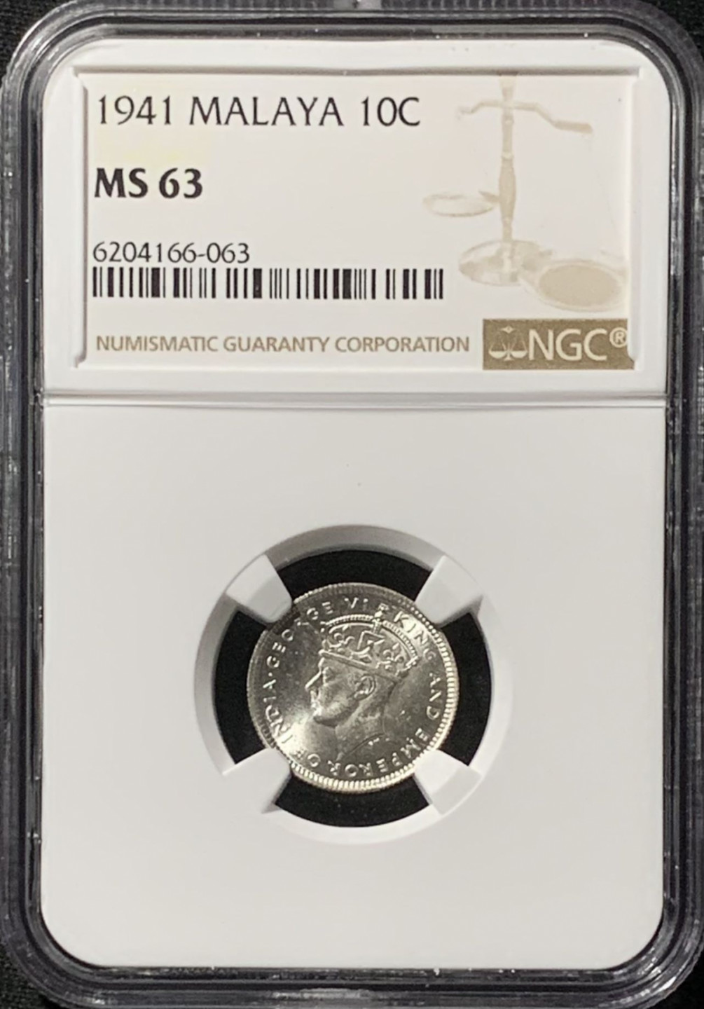 紫瑗钱币——第157期拍卖 马来亚 1941年 乔治六世 10分 银币 NGC MS63