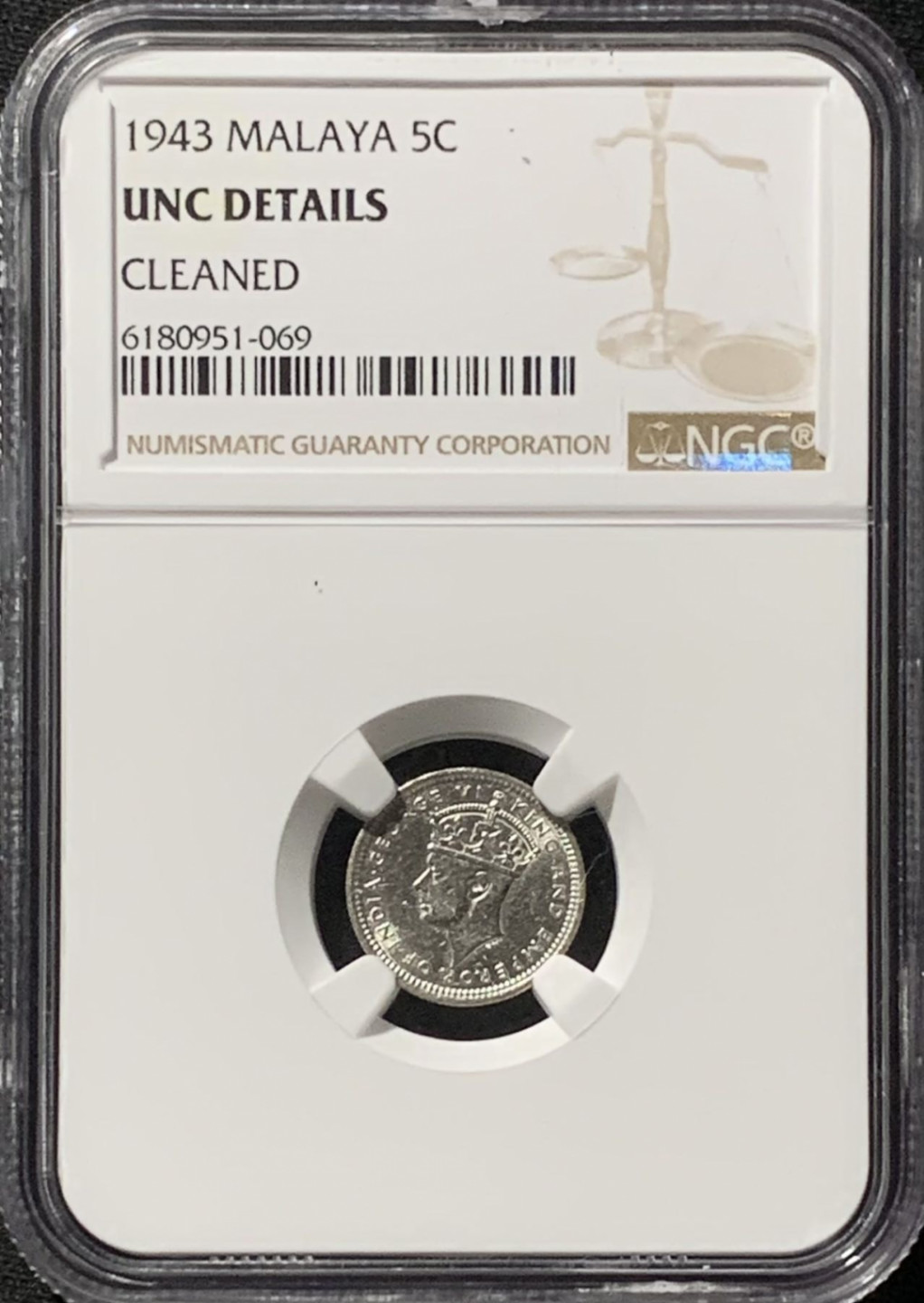 紫瑗钱币——第157期拍卖 马来亚 1943年 乔治六世 5分 银币 NGC UNC Detail