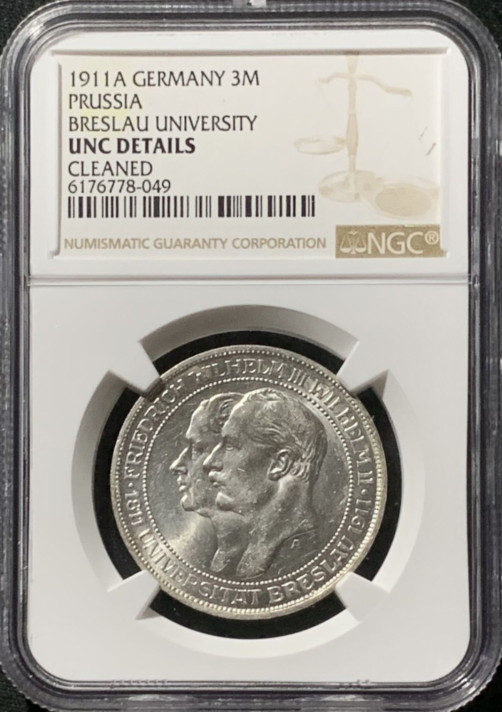 紫瑗钱币——第157期拍卖 德国 普鲁士 1911年 布雷斯劳大学 3马克 银币 NGC UNC Detail