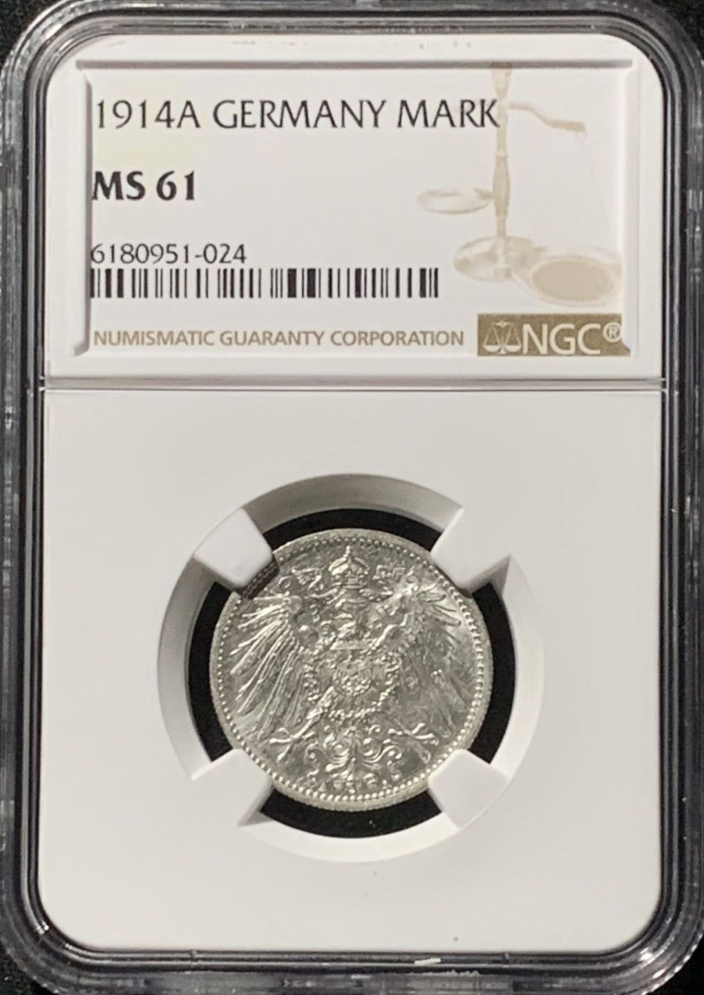紫瑗钱币——第157期拍卖 德国 1914年 A版 第二帝国 长翅 1马克 银币 NGC MS61