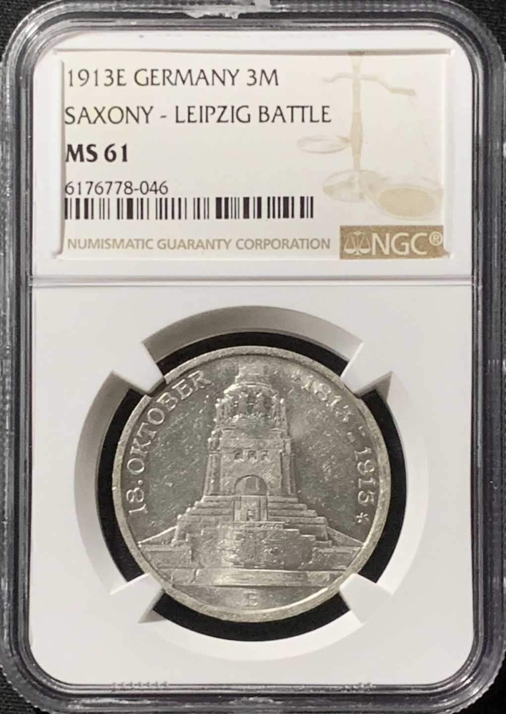 紫瑗钱币——第157期拍卖 德国 萨克森 1913年 莱比锡战役 3马克 银币 NGC MS61