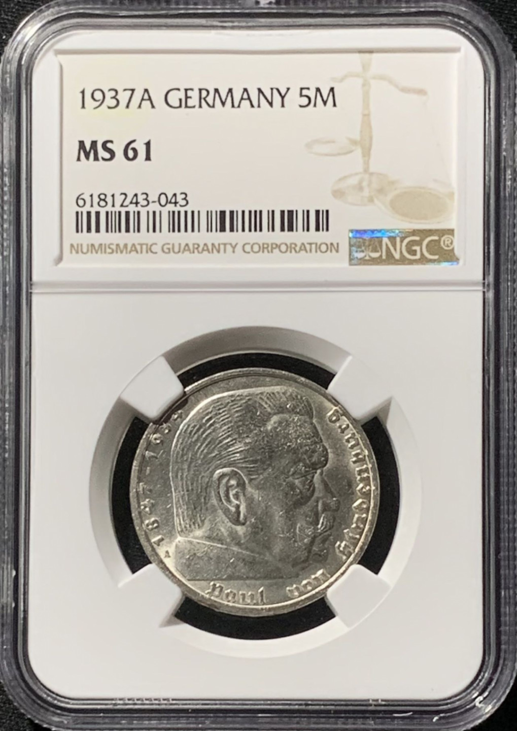 紫瑗钱币——第157期拍卖 德国 1937年 A版 兴登堡 5马克 字符版 银币 NGC MS61