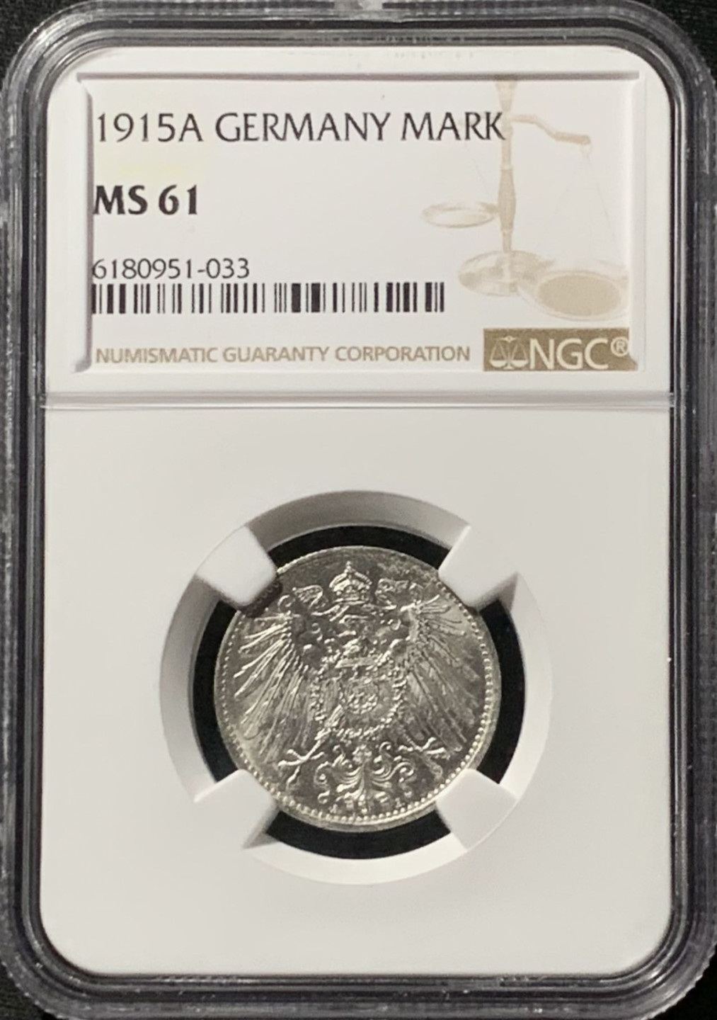 紫瑗钱币——第157期拍卖 德国 1915年 A版 第二帝国 长翅 1马克 银币 NGC MS61