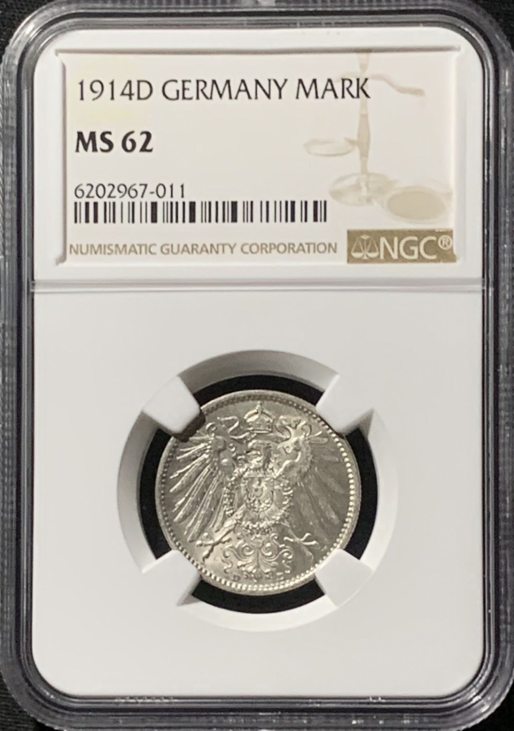 紫瑗钱币——第157期拍卖 德国 1914年 D版 第二帝国 长翅 1马克 银币 NGC MS62