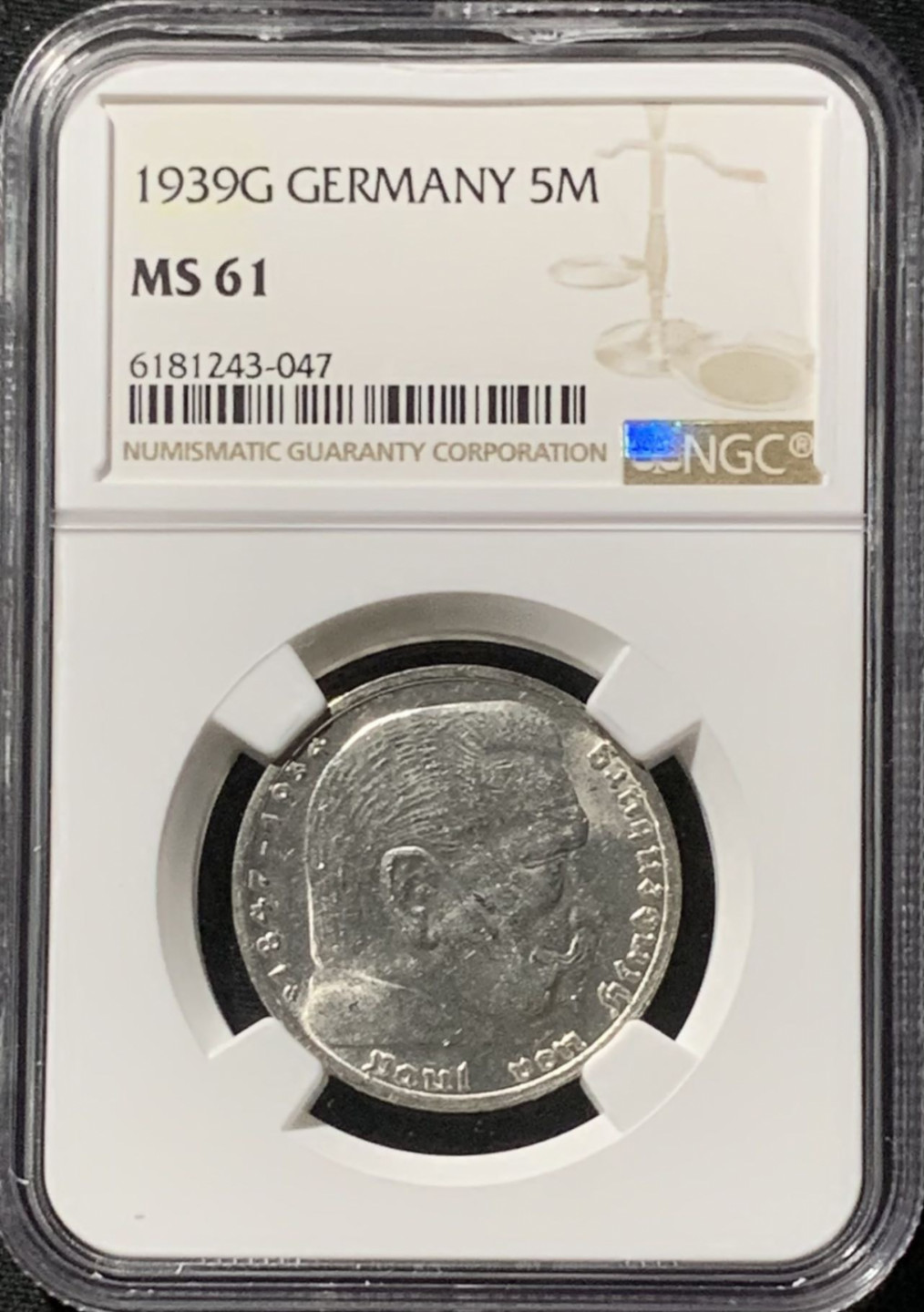 紫瑗钱币——第157期拍卖 德国 1939年 G版 兴登堡 5马克 字符版 银币 NGC MS61