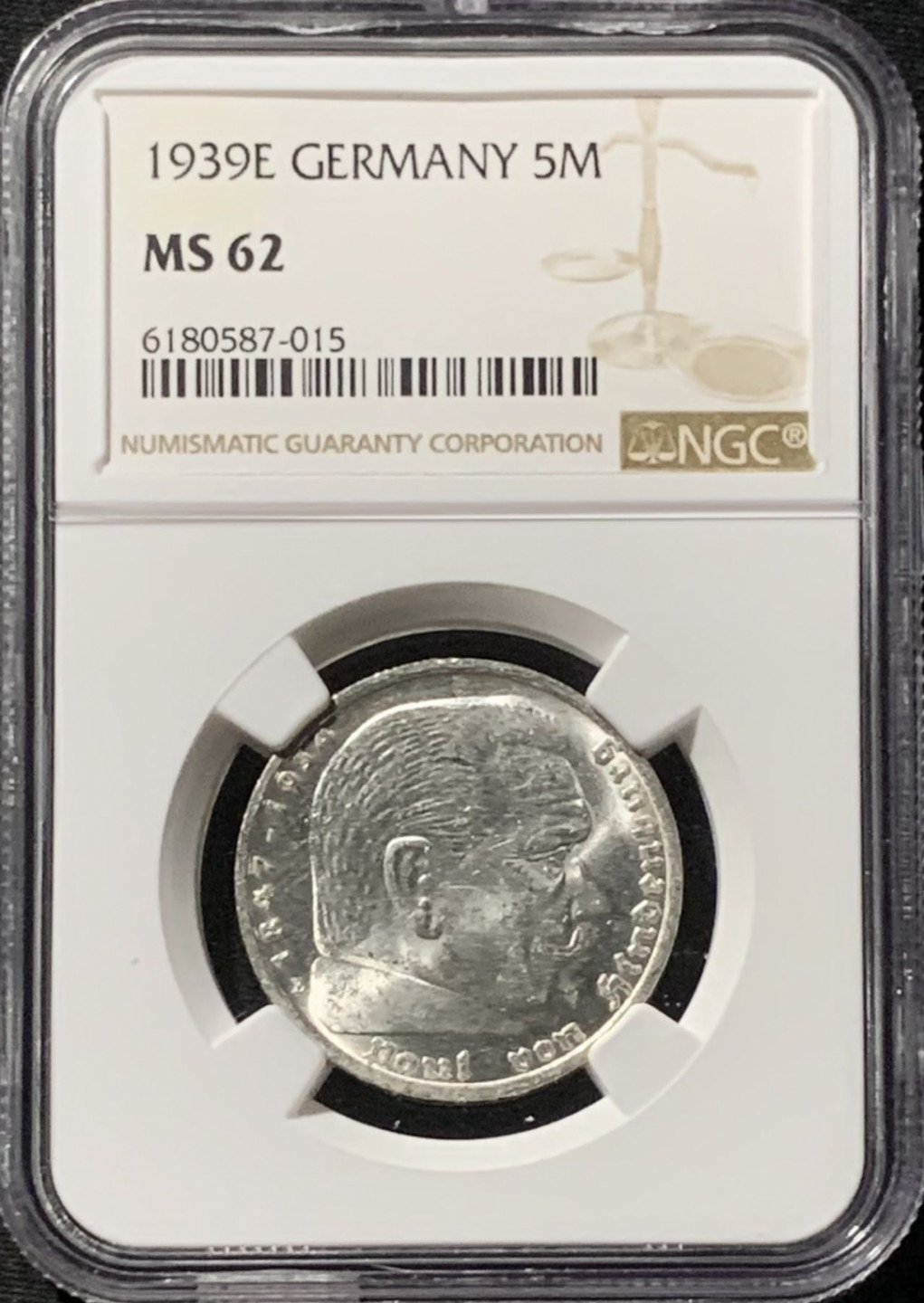 紫瑗钱币——第157期拍卖 德国 1939年 E版 兴登堡 5马克 字符版 银币 NGC MS62