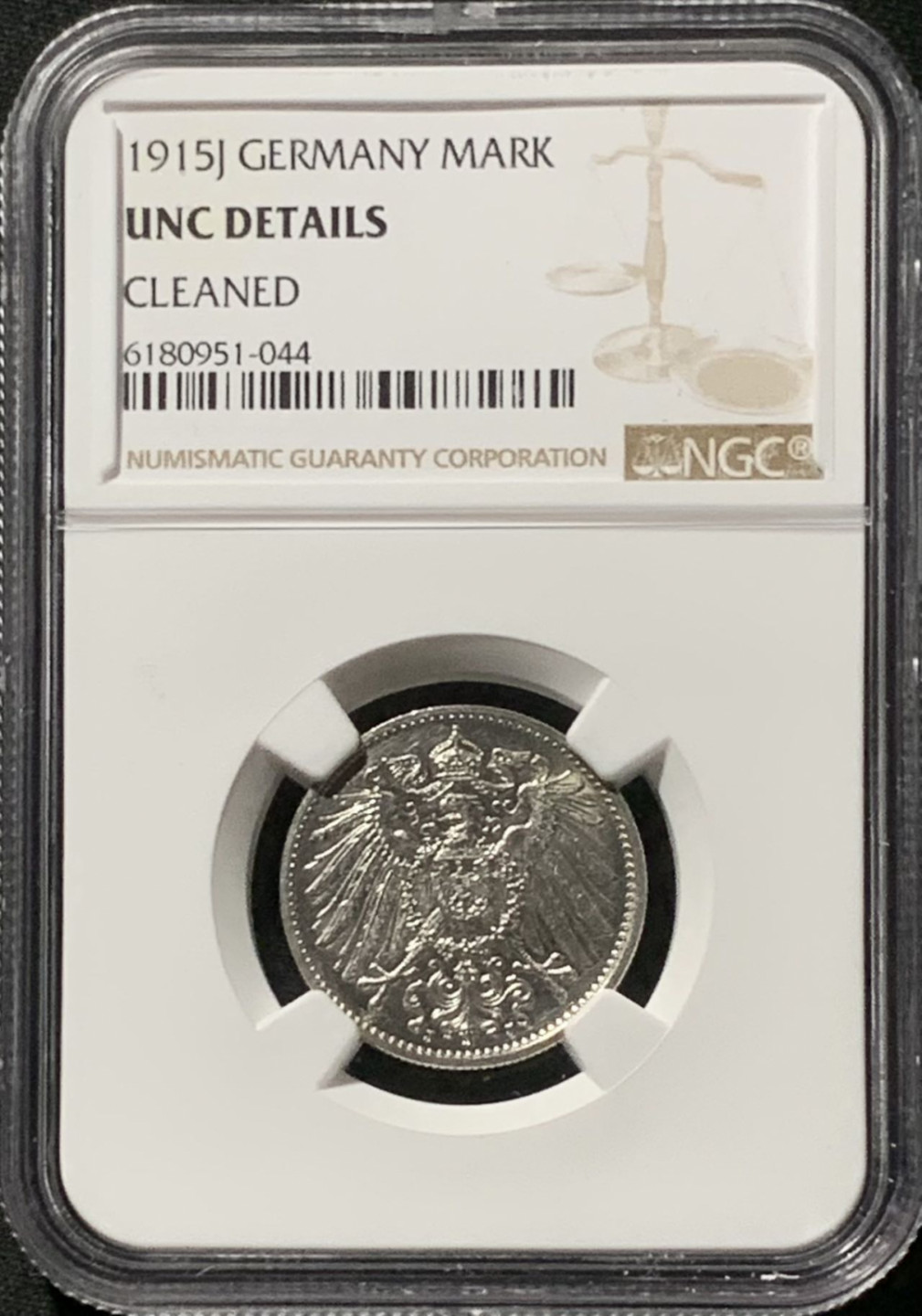 紫瑗钱币——第157期拍卖 德国 1915年 J版 第二帝国 长翅 1马克 银币 NGC UNC Detail