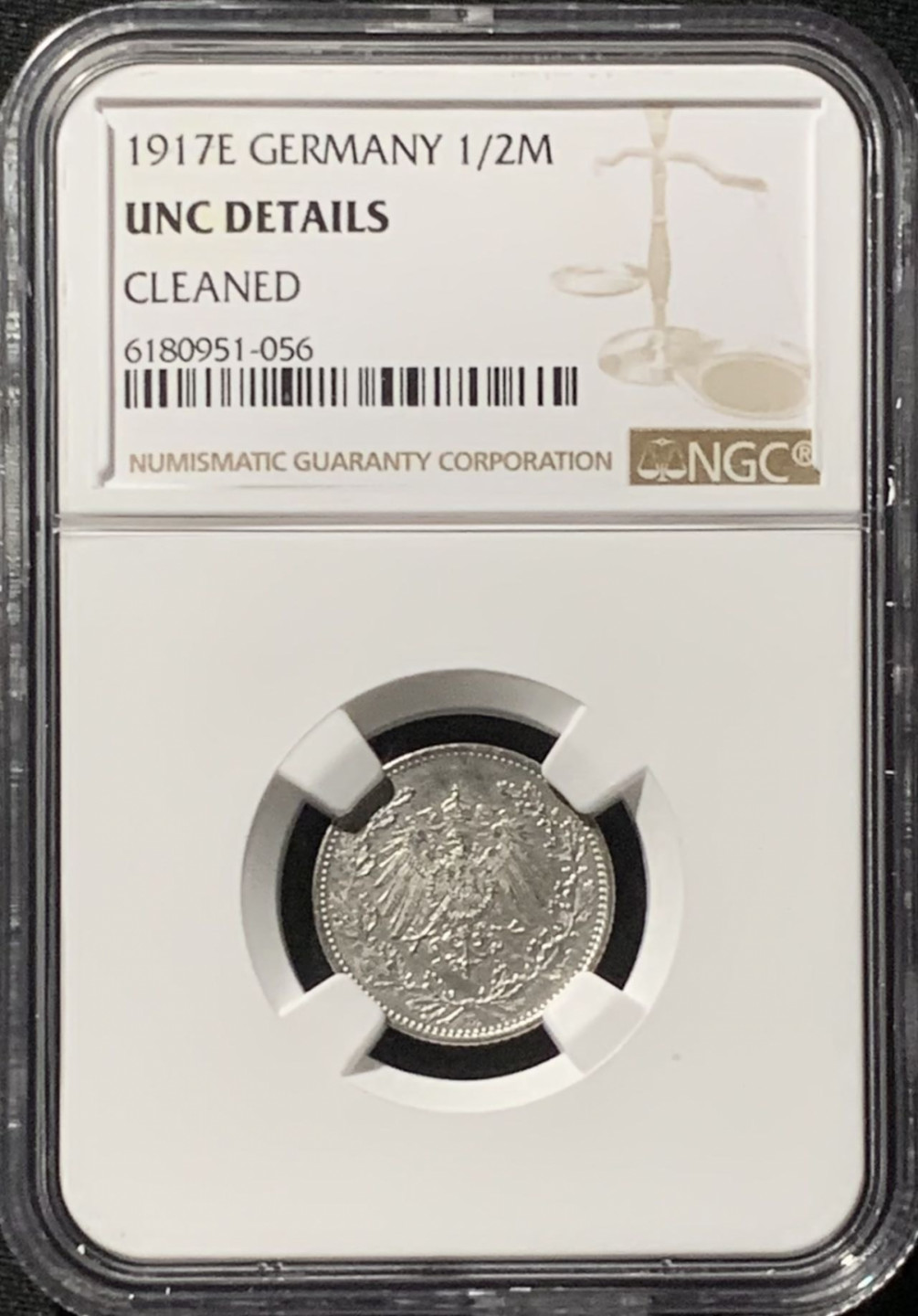 紫瑗钱币——第157期拍卖 德国 1917年 E版 第二帝国 1/2马克 银币 NGC UNC Detail
