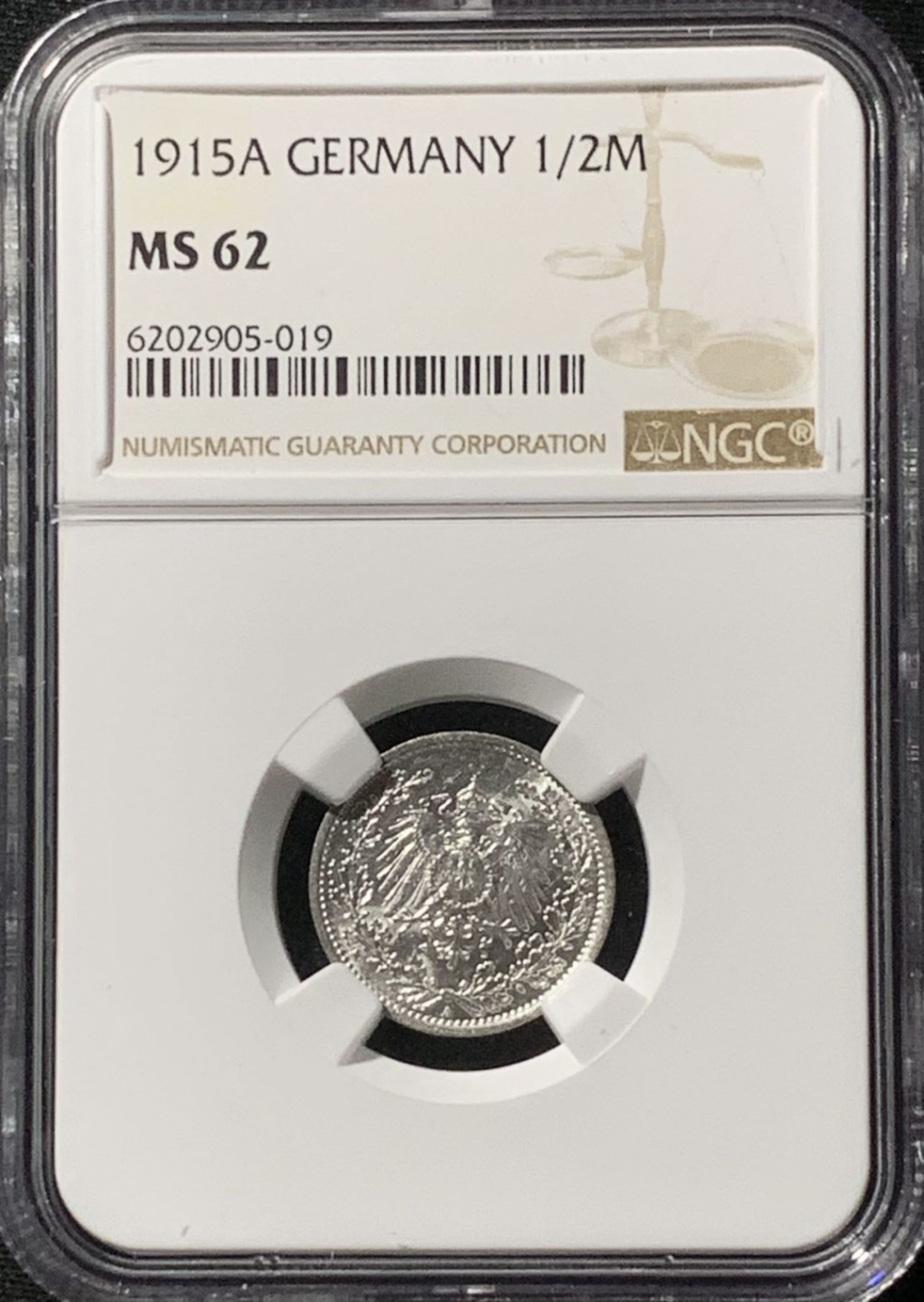 紫瑗钱币——第157期拍卖 德国 1915年 A版 第二帝国 1/2马克 银币 NGC MS62