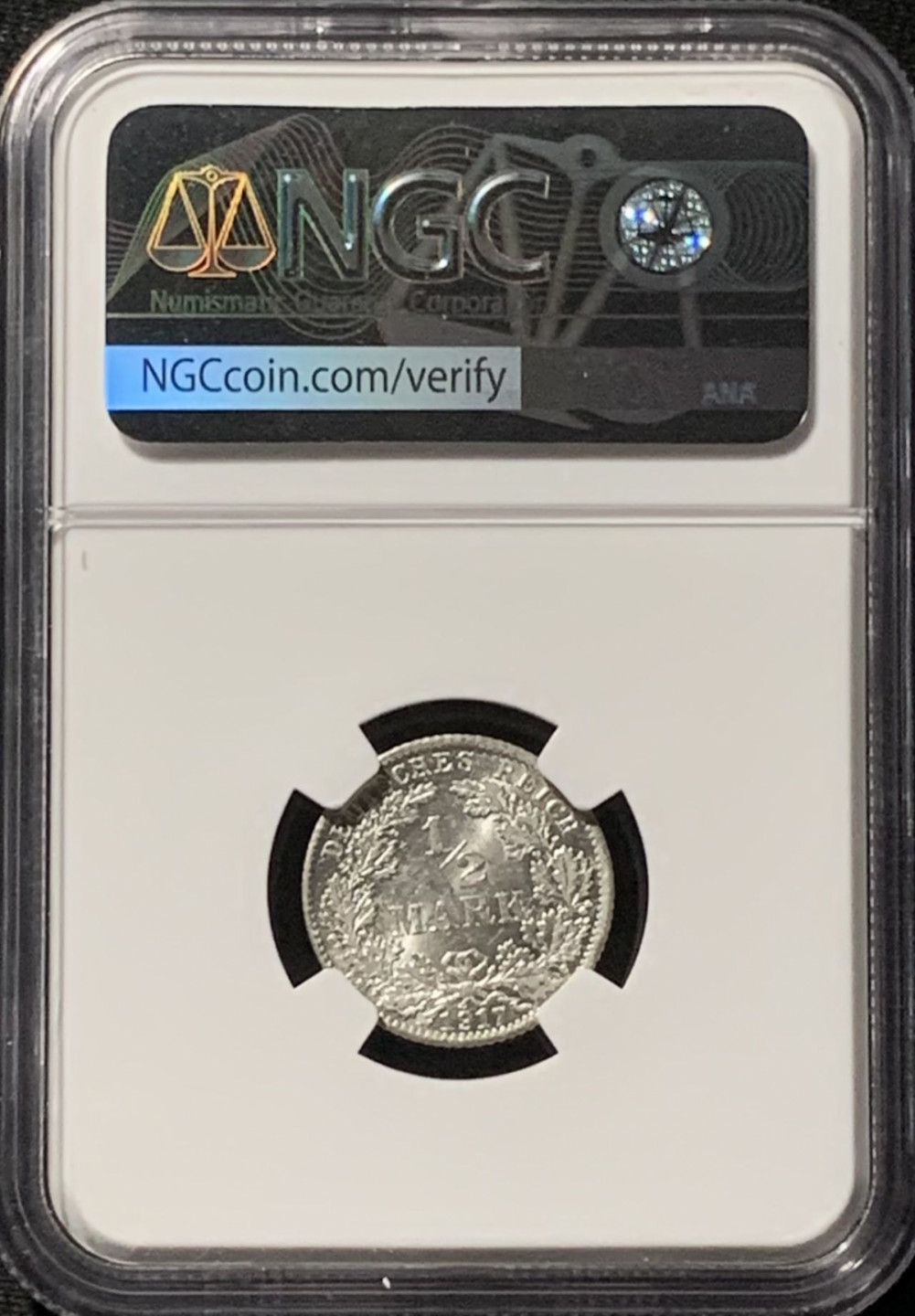 紫瑗钱币——第157期拍卖 德国 1917年 D版 第二帝国 1/2马克 银币 NGC MS62