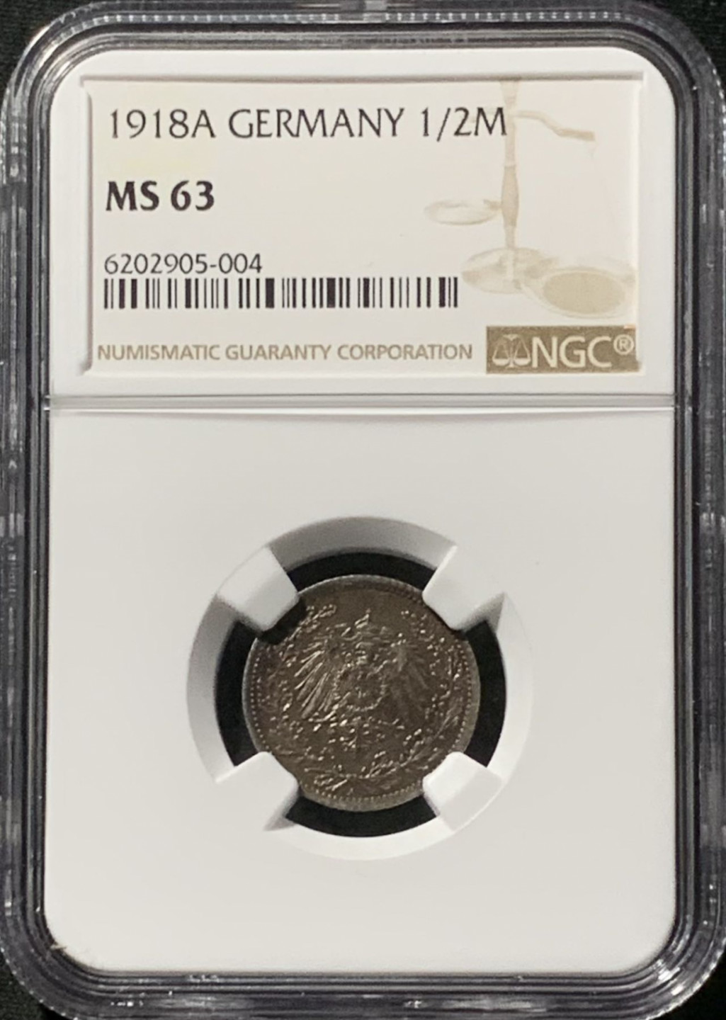 紫瑗钱币——第157期拍卖 德国 1918年 A版 第二帝国 1/2马克 银币 NGC MS63 五彩包浆