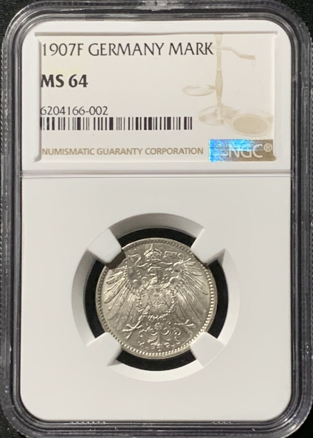 紫瑗钱币——第157期拍卖 德国 1907年 F版 第二帝国 长翅 1马克 银币 NGC MS64