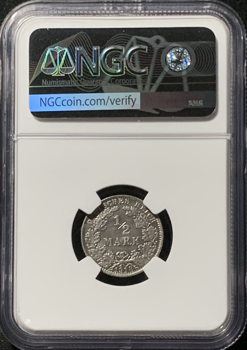 紫瑗钱币——第157期拍卖 德国 1918年 A版 第二帝国 1/2马克 银币 NGC MS64