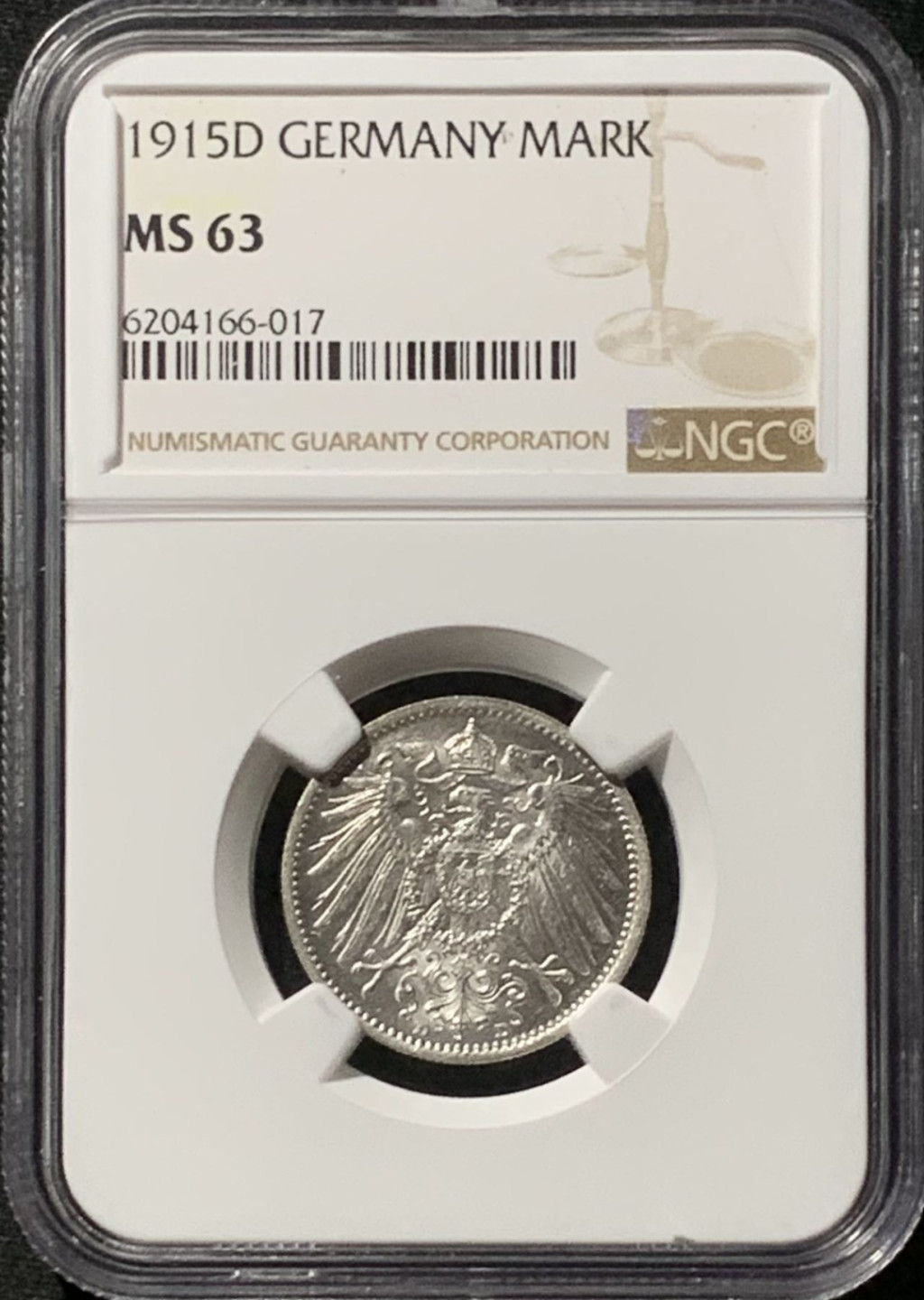 紫瑗钱币——第157期拍卖 德国 1915年 D版 第二帝国 长翅 1马克 银币 NGC MS63