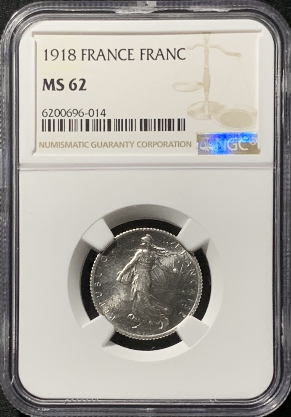 紫瑗钱币——第157期拍卖 法国 1918年 播种女神 1法郎 银币 NGC MS62