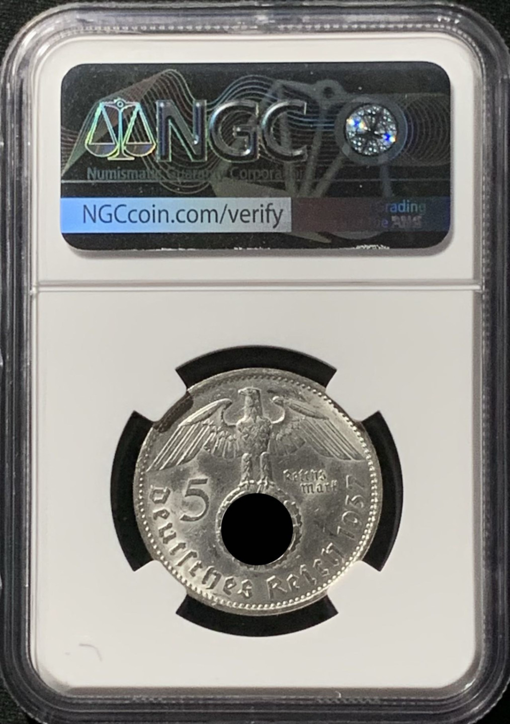 紫瑗钱币——第157期拍卖 德国 1937年 A版 兴登堡 5马克 字符版 银币 NGC MS61