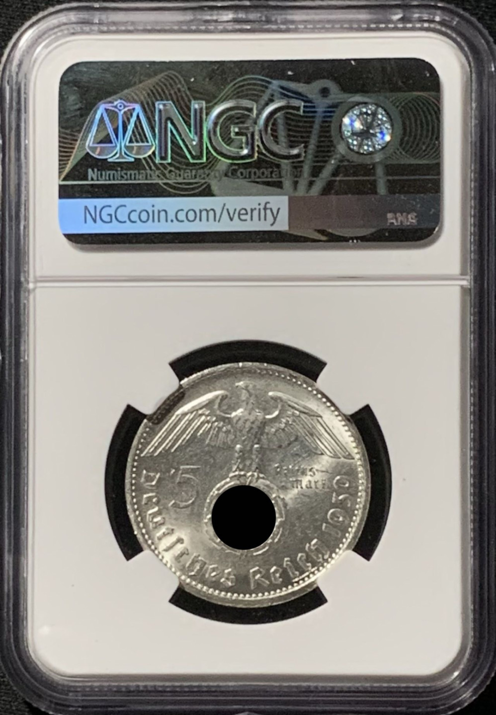 紫瑗钱币——第157期拍卖 德国 1939年 E版 兴登堡 5马克 字符版 银币 NGC MS62