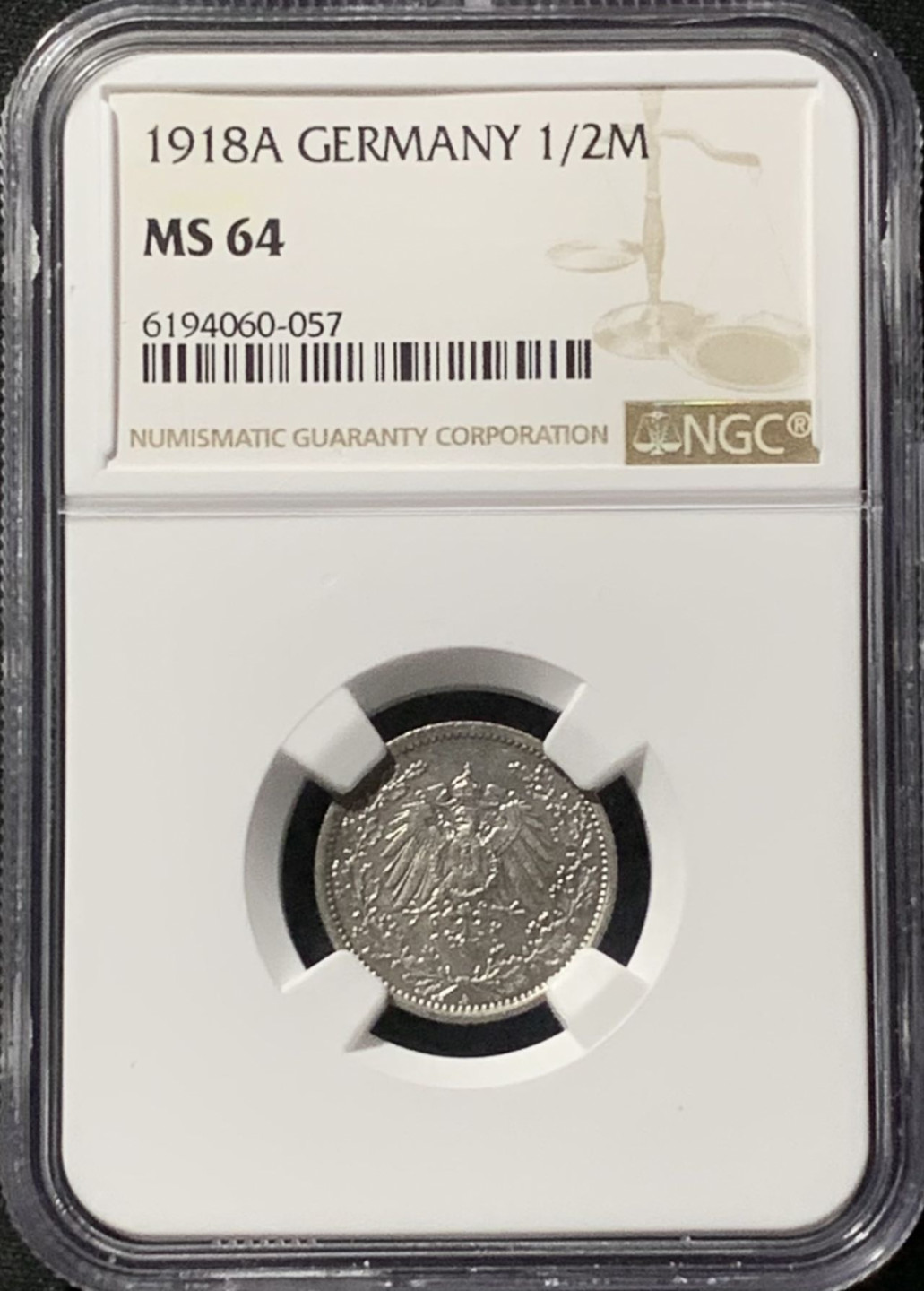 紫瑗钱币——第157期拍卖 德国 1918年 A版 第二帝国 1/2马克 银币 NGC MS64