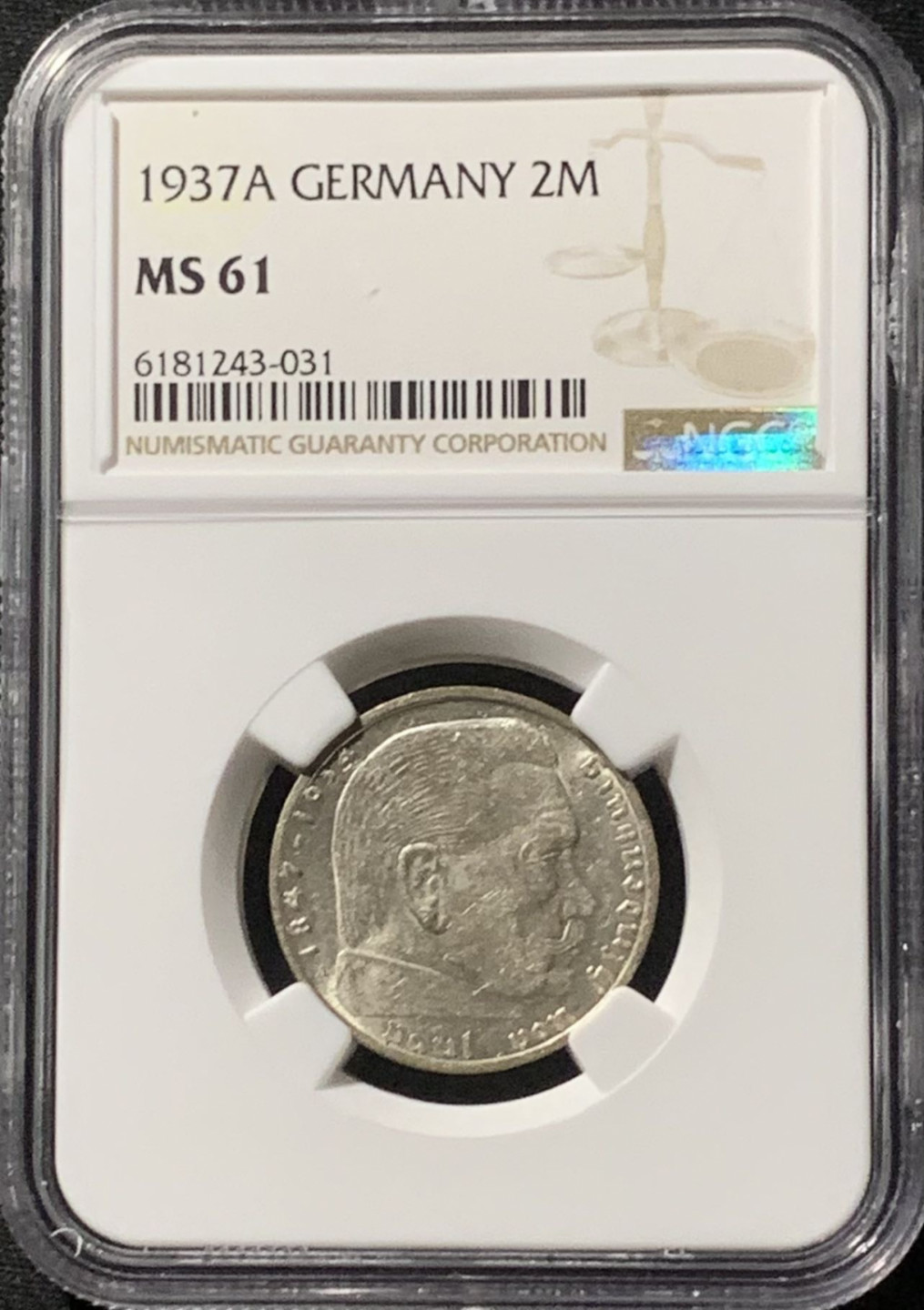 紫瑗钱币——第157期拍卖 德国 1937年 A版 兴登堡 2马克 字符版 银币 NGC MS61