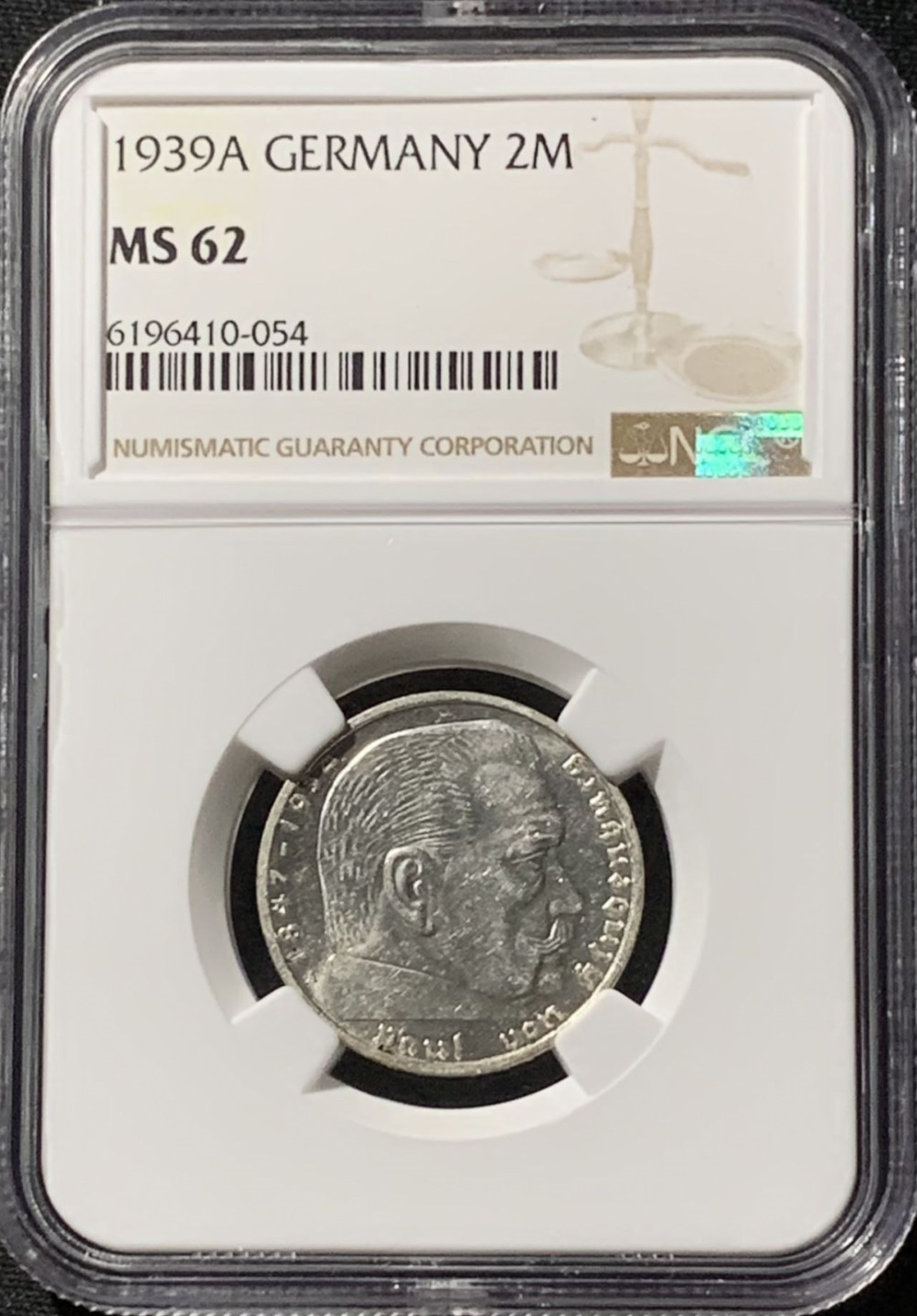 紫瑗钱币——第157期拍卖 德国 1939年 A版 兴登堡 2马克 字符版 银币 NGC MS62
