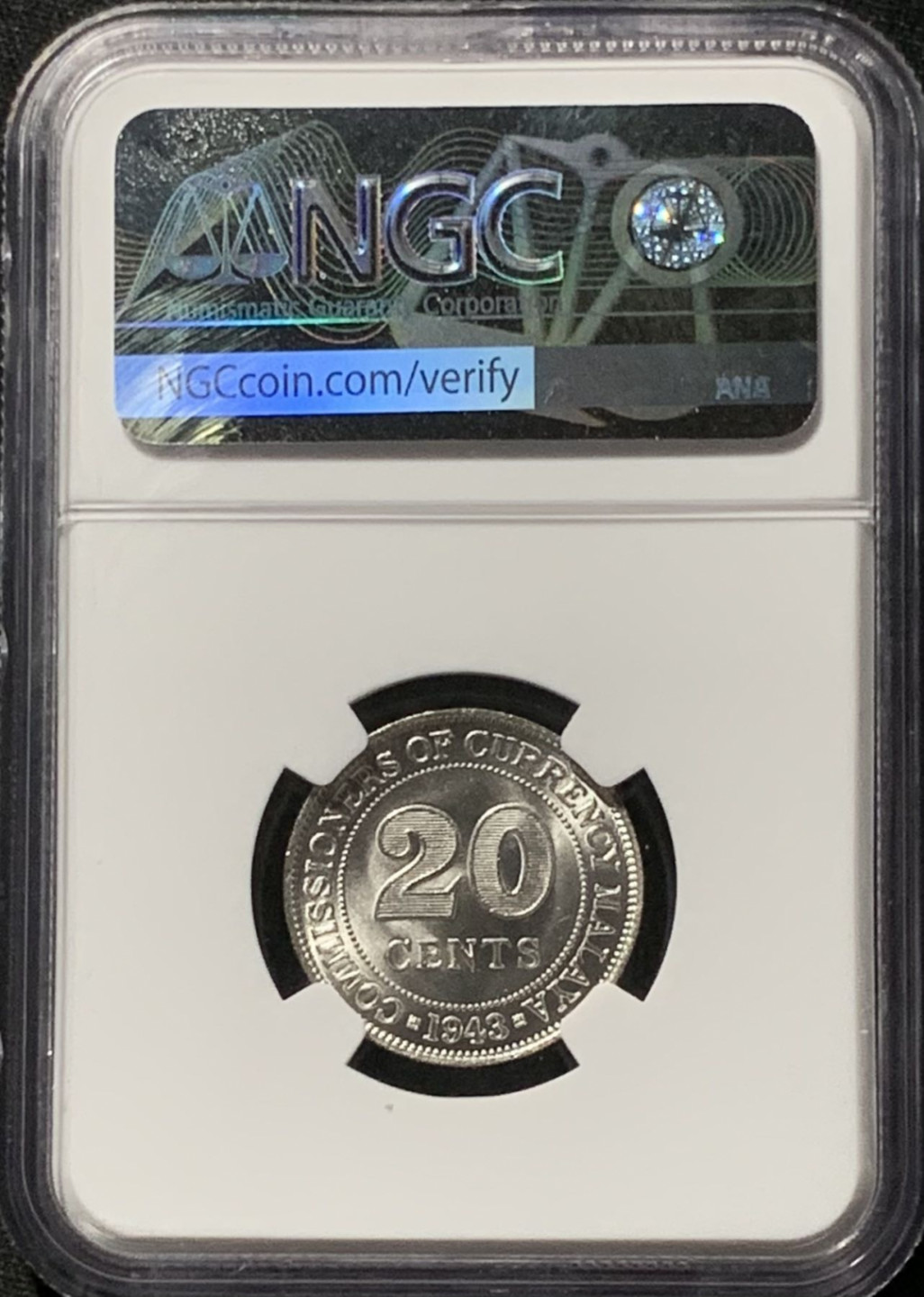 紫瑗钱币——第157期拍卖 马来亚 1943年 乔治六世 20分 银币 NGC MS64