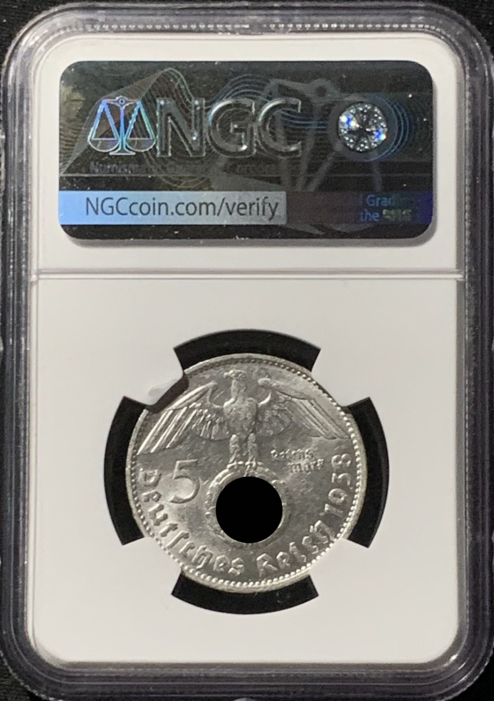 紫瑗钱币——第157期拍卖 德国 1938年 D版 兴登堡 5马克 字符版 银币 NGC MS62