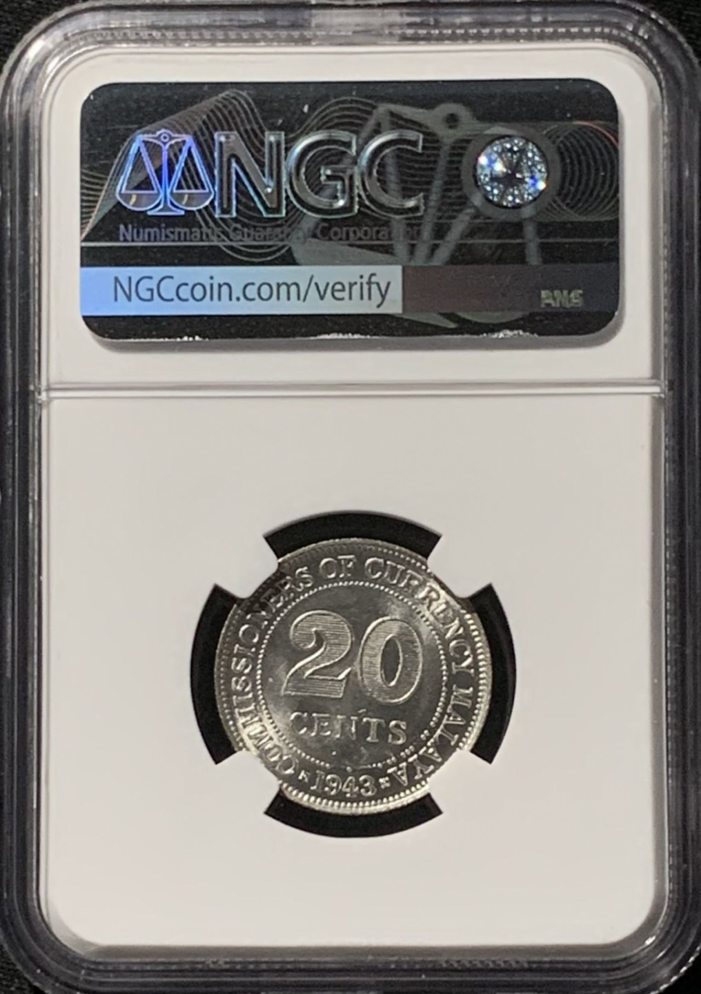 紫瑗钱币——第157期拍卖 马来亚 1943年 乔治六世 20分 银币 NGC MS63