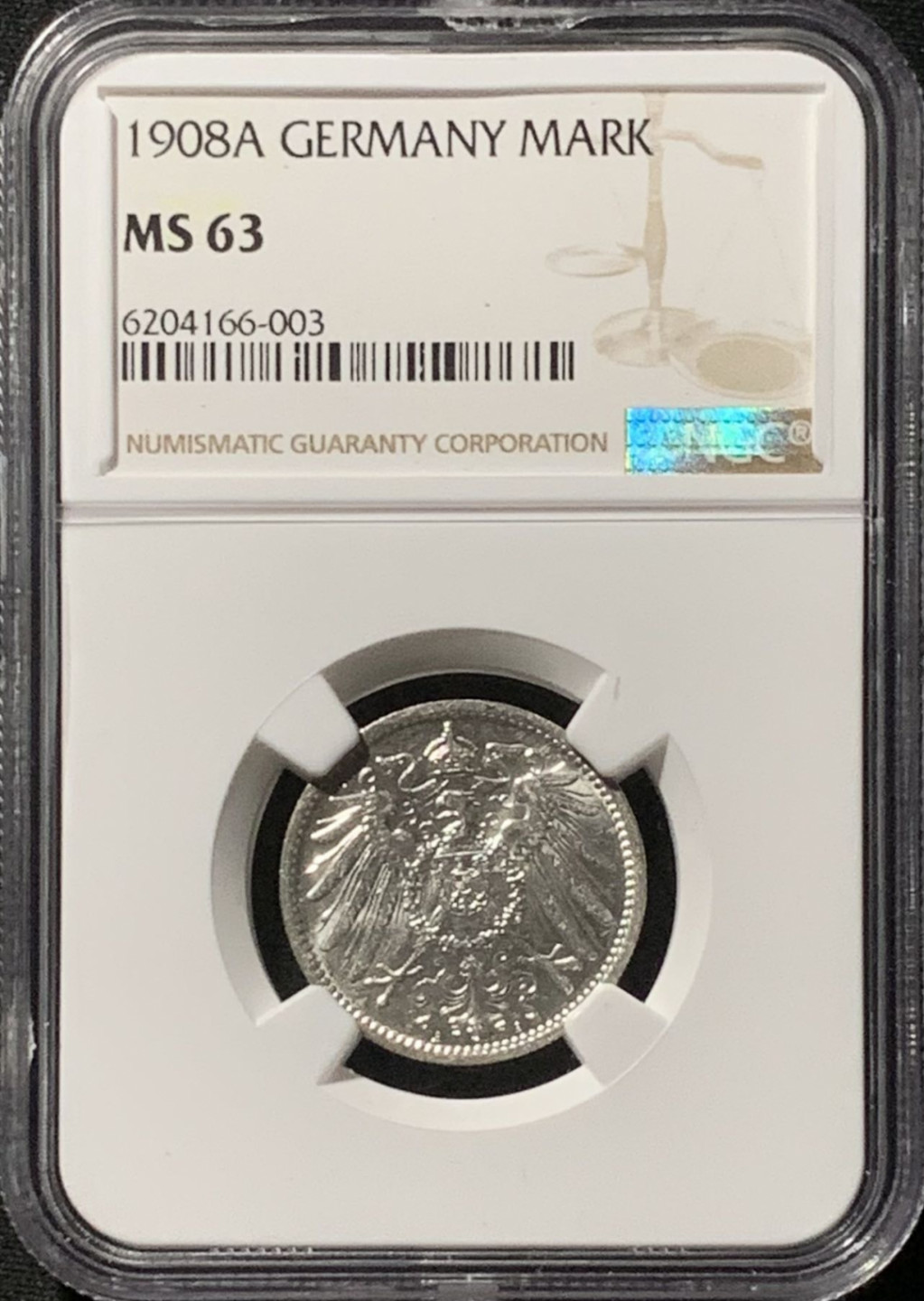 紫瑗钱币——第157期拍卖 德国 1908年 A版 第二帝国 长翅 1马克 银币 NGC MS63