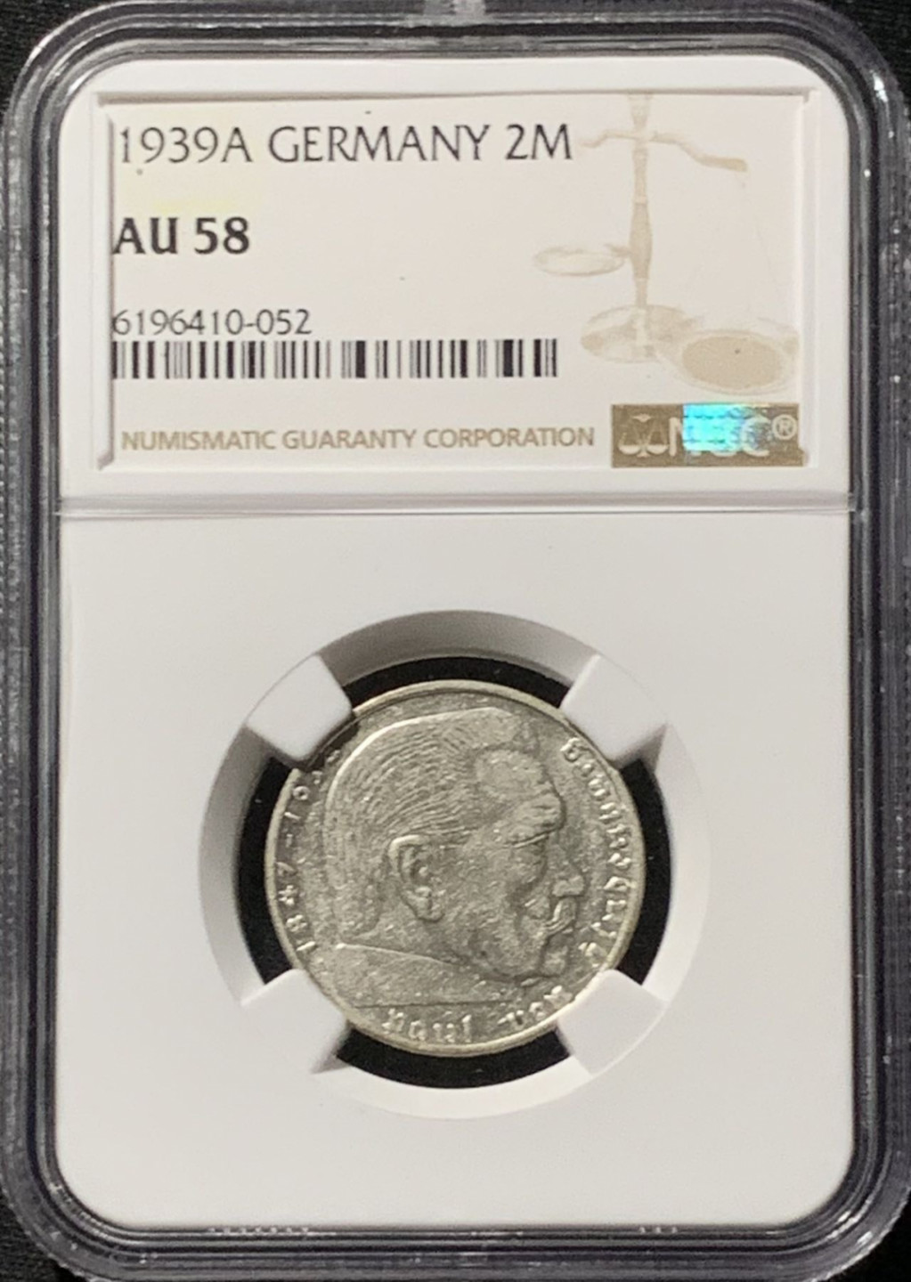 紫瑗钱币——第157期拍卖 德国 1939年 A版 兴登堡 2马克 字符版 银币 NGC AU58