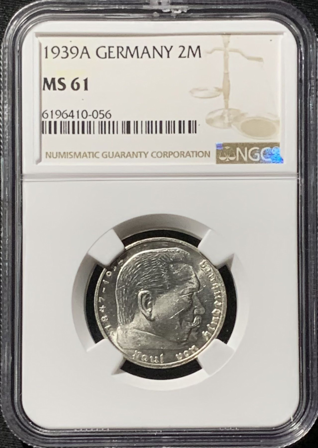 紫瑗钱币——第157期拍卖 德国 1939年 A版 兴登堡 2马克 字符版 银币 NGC MS61