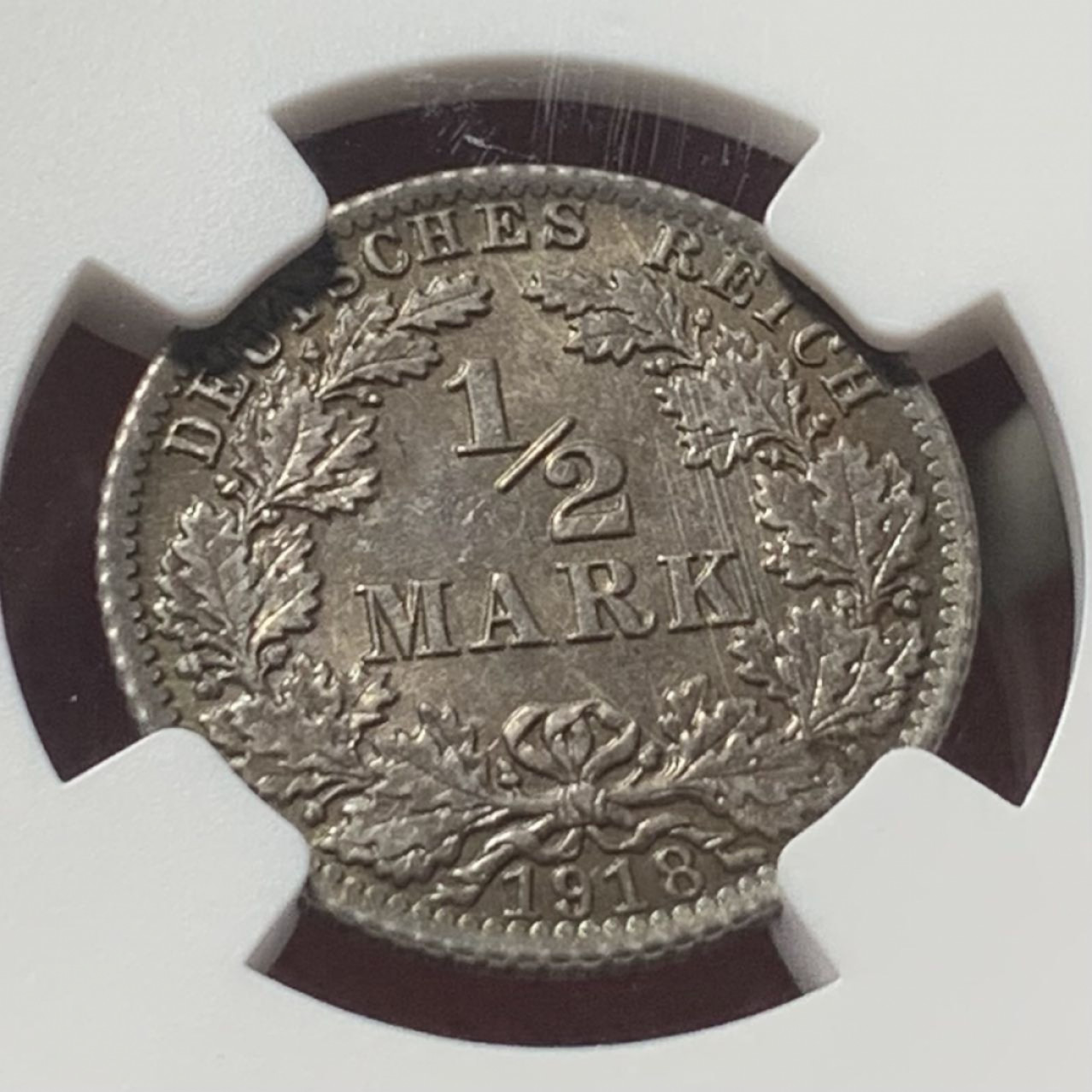紫瑗钱币——第157期拍卖 德国 1918年 A版 第二帝国 1/2马克 银币 NGC MS63 五彩包浆