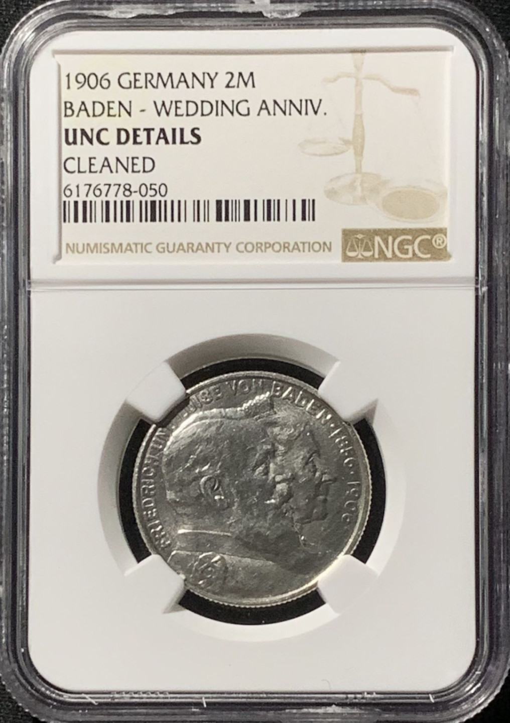 紫瑗钱币——第157期拍卖 德国 巴登 1906年 金婚 2马克 银币 NGC UNC Detail