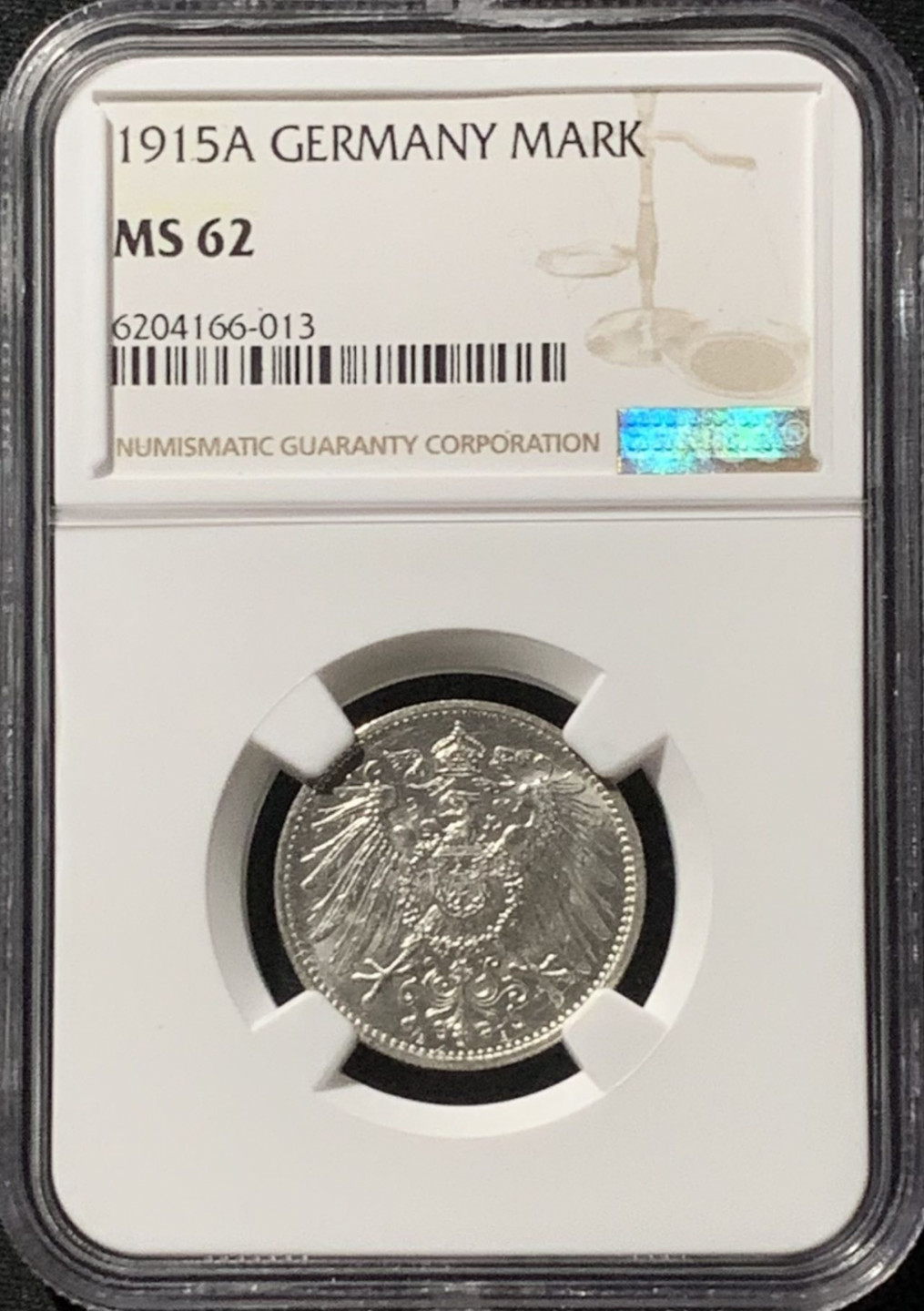 紫瑗钱币——第157期拍卖 德国 1915年 A版 第二帝国 长翅 1马克 银币 NGC MS62
