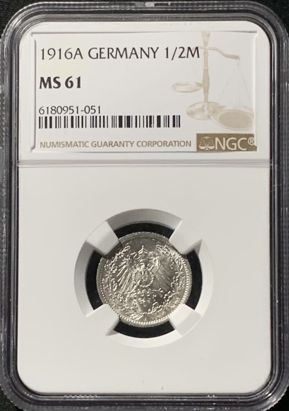 紫瑗钱币——第157期拍卖 德国 1916年 A版 第二帝国 1/2马克 银币 NGC MS61