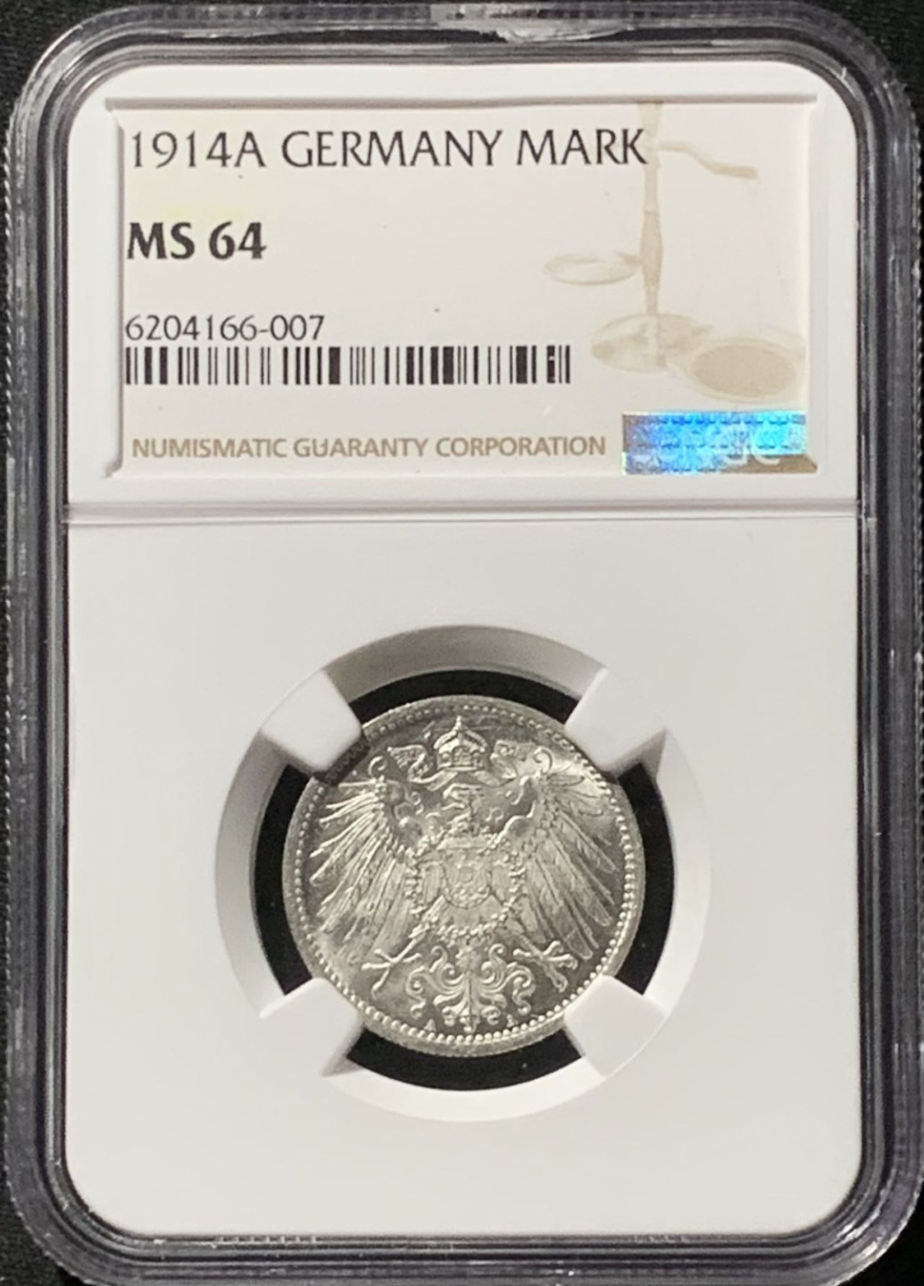 紫瑗钱币——第157期拍卖 德国 1914年 A版 第二帝国 长翅 1马克 银币 NGC MS64
