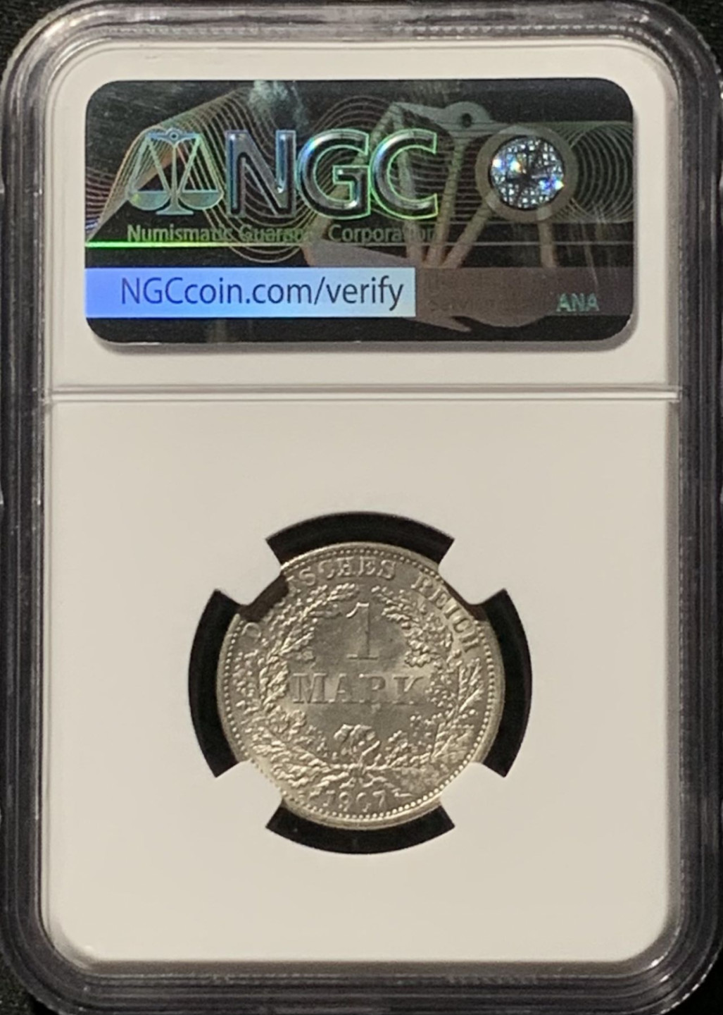 紫瑗钱币——第157期拍卖 德国 1907年 F版 第二帝国 长翅 1马克 银币 NGC MS64