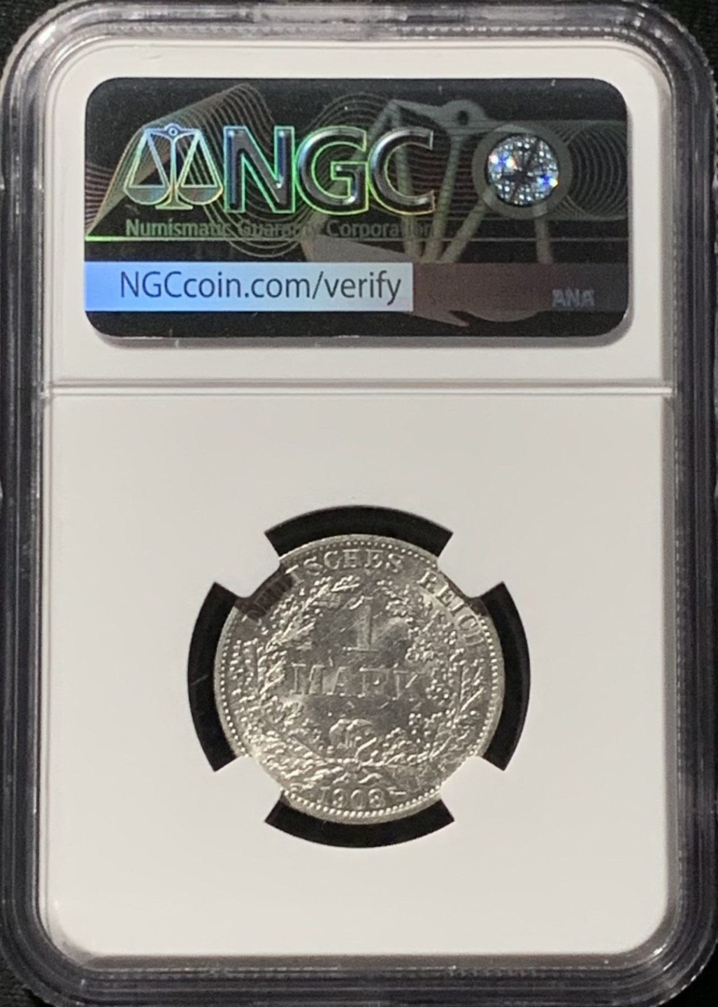 紫瑗钱币——第157期拍卖 德国 1908年 A版 第二帝国 长翅 1马克 银币 NGC MS63