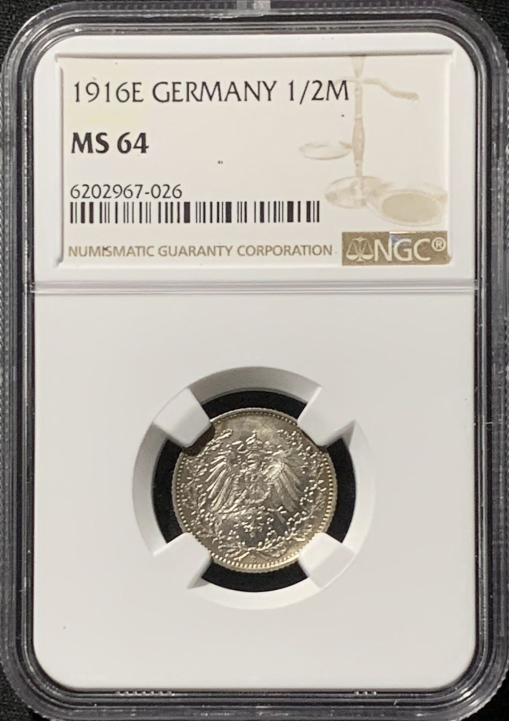 紫瑗钱币——第157期拍卖 德国 1916年 E版 第二帝国 1/2马克 银币 NGC MS64