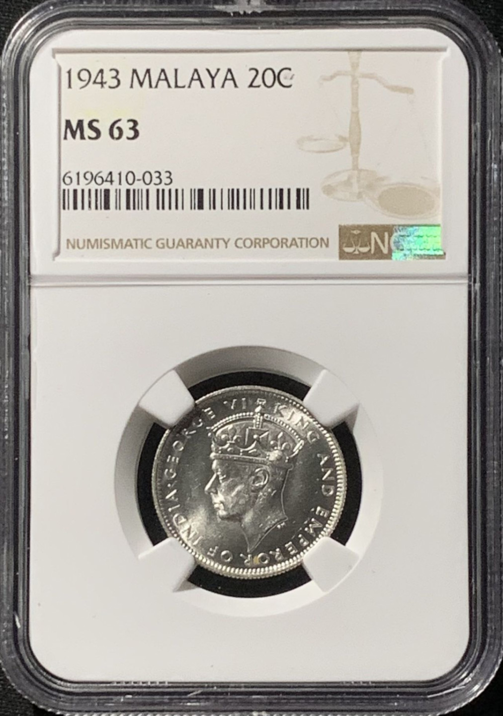 紫瑗钱币——第157期拍卖 马来亚 1943年 乔治六世 20分 银币 NGC MS63