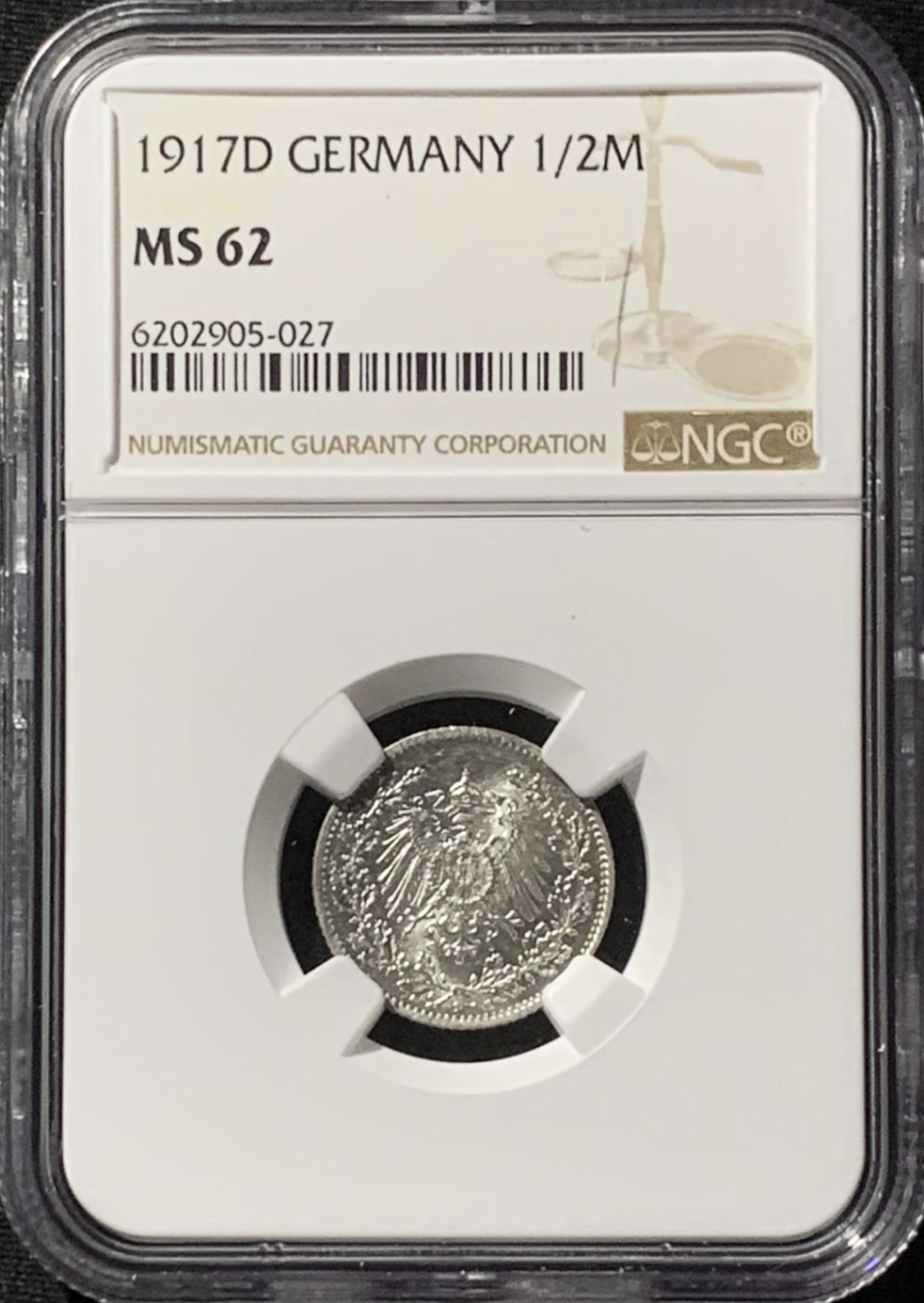 紫瑗钱币——第157期拍卖 德国 1917年 D版 第二帝国 1/2马克 银币 NGC MS62