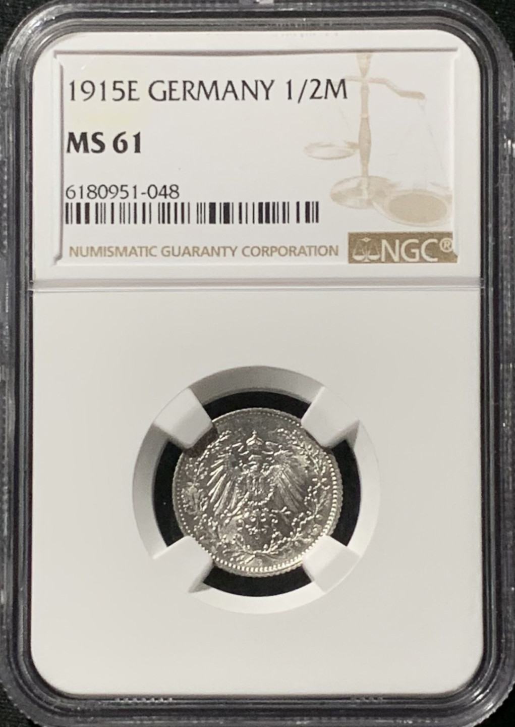 紫瑗钱币——第157期拍卖 德国 1915年 E版 第二帝国 1/2马克 银币 NGC MS61