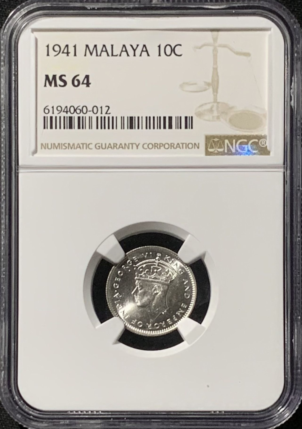 紫瑗钱币——第157期拍卖 马来亚 1941年 乔治六世 10分 银币 NGC MS64