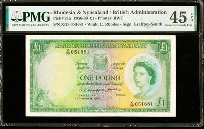 【Blue Auction】世界纸币精拍第146期——双十二专场（共85拍） - 【贵在原票】罗德西亚&尼亚萨兰 1950-60年1镑 BWC 大冠女王 大津巴布韦遗址 豹子 非常精美 PMG45EPQ 原票较少见