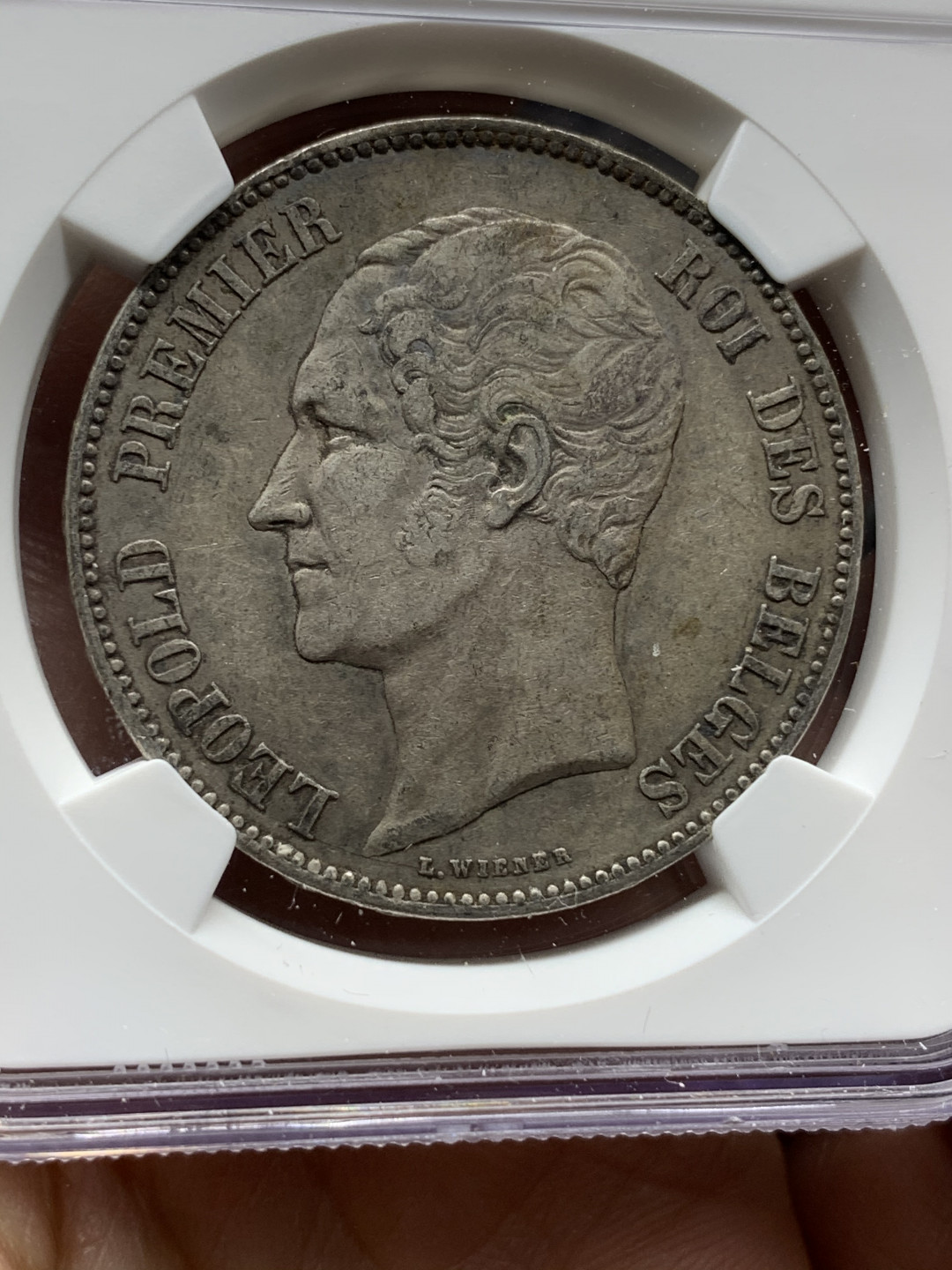 《竞宝斋》钱币微拍-第21场-本周日，周一2场连拍（全场顺丰包邮） NGC-XF45 比利时 1851年 小头短发版 5法郎 银币 原味难得