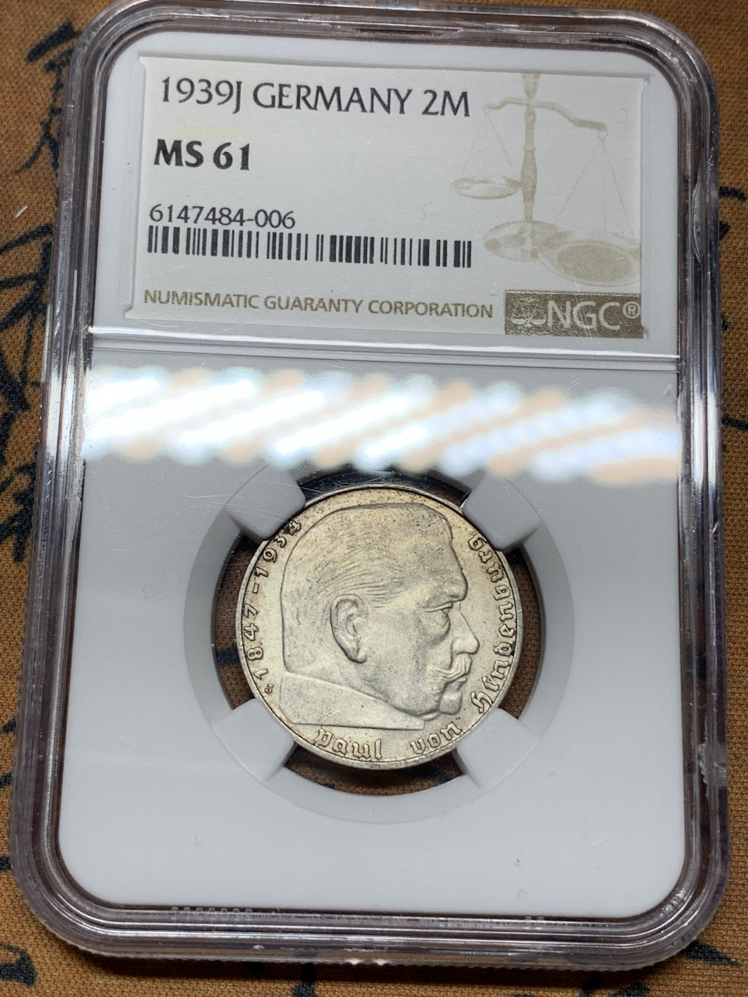 《竞宝斋》钱币微拍-第21场-本周日，周一2场连拍（全场顺丰包邮） NGC-MS61 德国 1939-J年 兴登堡2马克 银币 原光好品