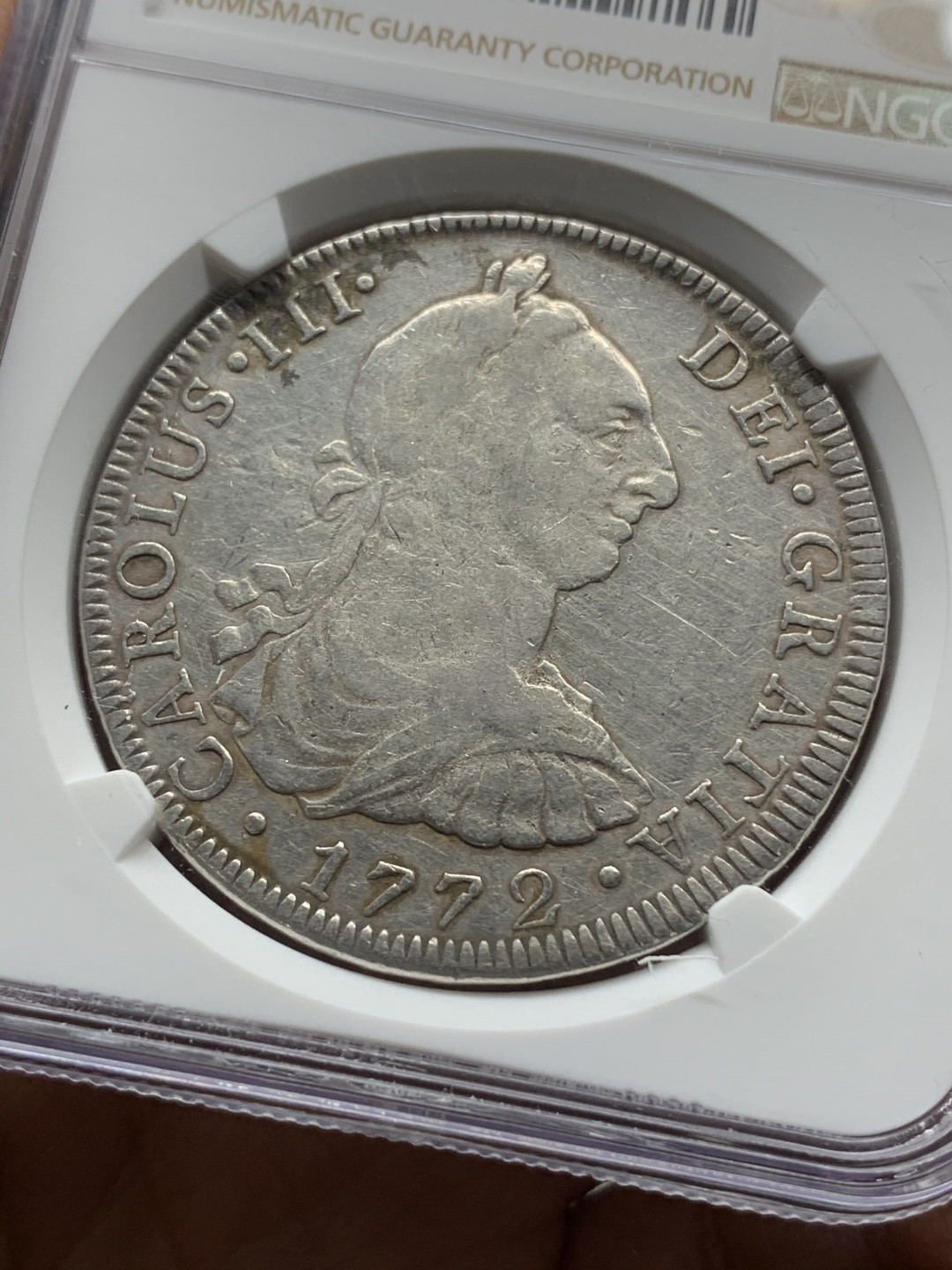 《竞宝斋》钱币微拍-第21场-本周日，周一2场连拍（全场顺丰包邮） NGC-XFD  1772  西属墨西哥 卡洛斯三世首年 反字母    8里亚尔  原味  低评