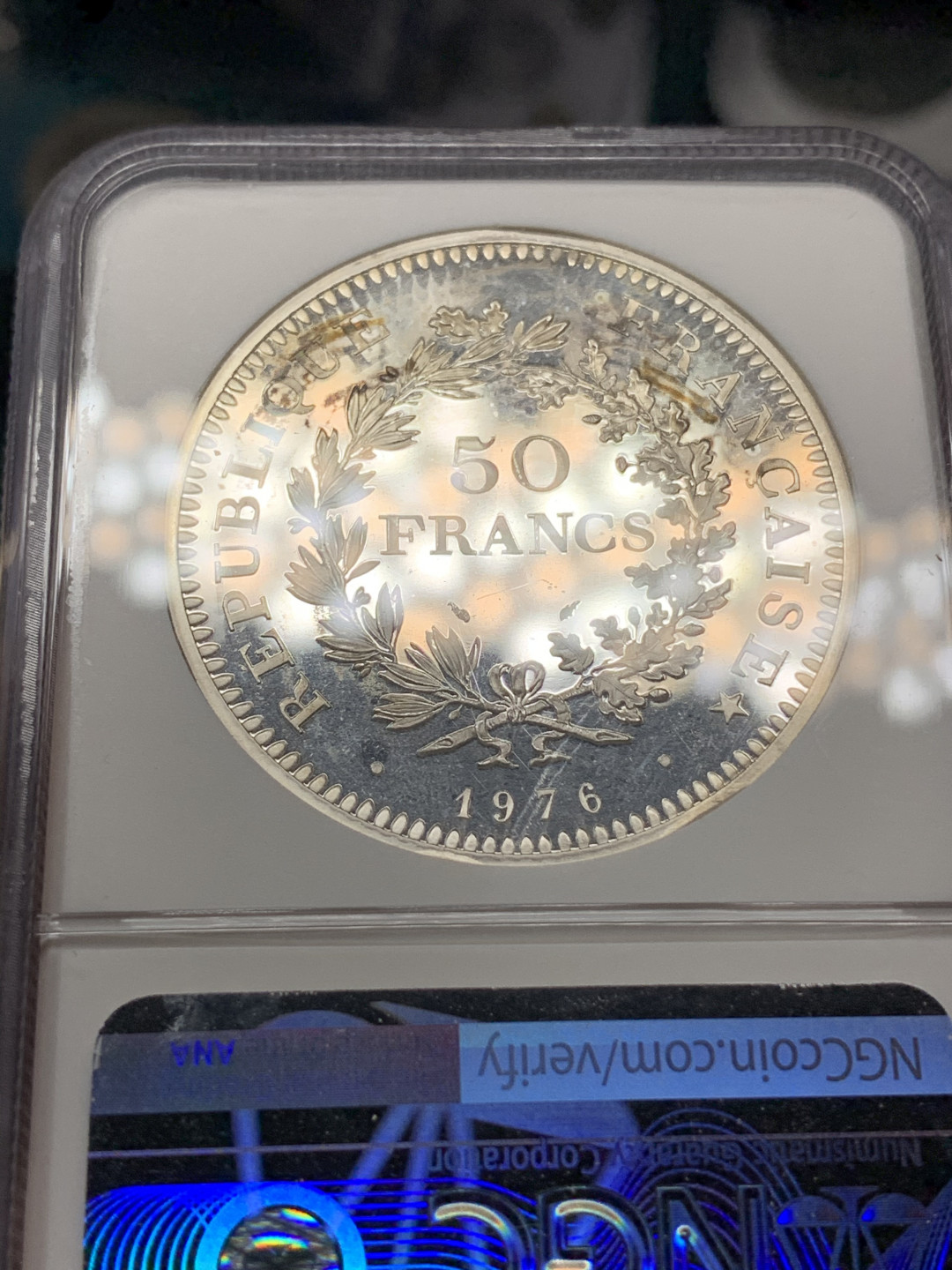 《竞宝斋》钱币微拍-第21场-本周日，周一2场连拍（全场顺丰包邮） NGC-PROOFD 法国1976年大力神 加厚(PIEFORT) 50法郎 大银币 精制PROOF 非常稀少